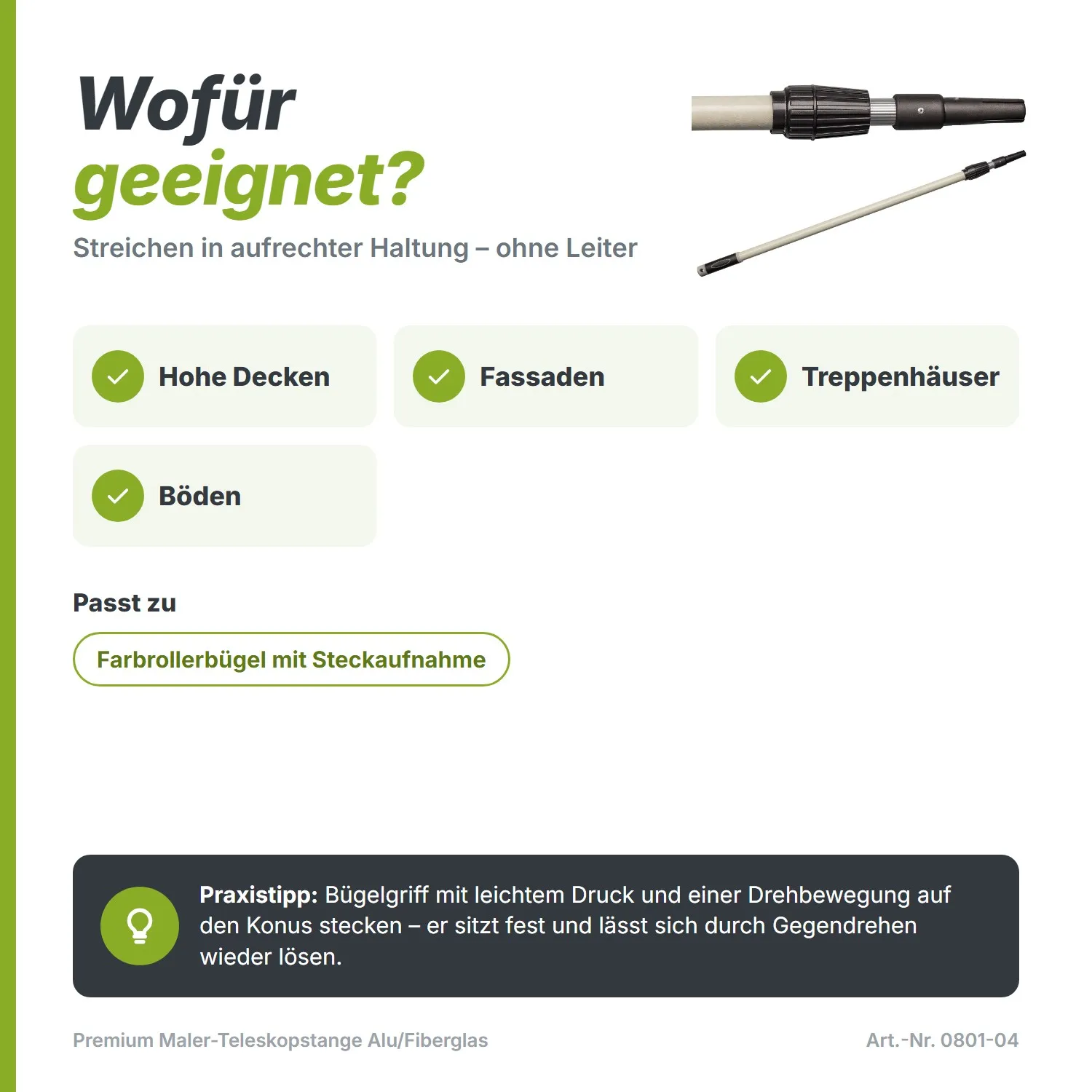 Premium Maler-Teleskopstange Alu/Fiberglas (1,25 – 2,20 m) – Stufenlos verstellbar