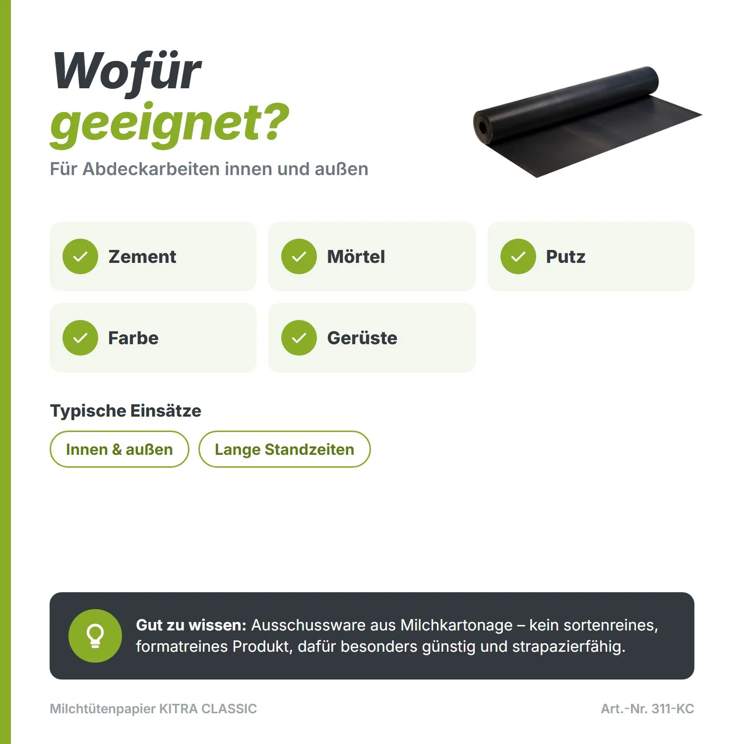 Milchtütenpapier KITRA CLASSIC 400g/m² pro Rolle circa 60-65m²