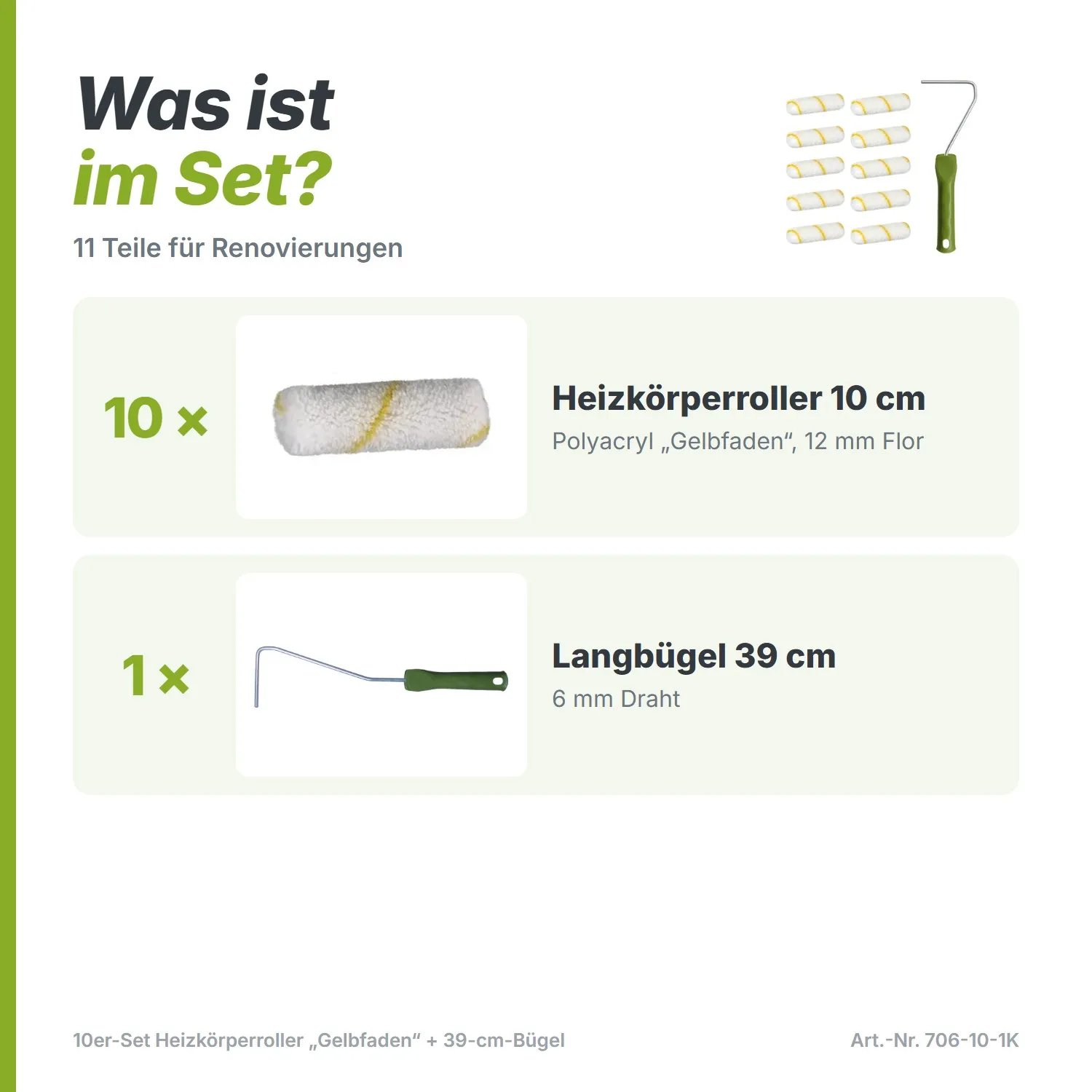 10er-Set Heizkörperroller „Gelbfaden“ (10 cm) – Inkl. 39 cm Langbügel (12 mm Flor)