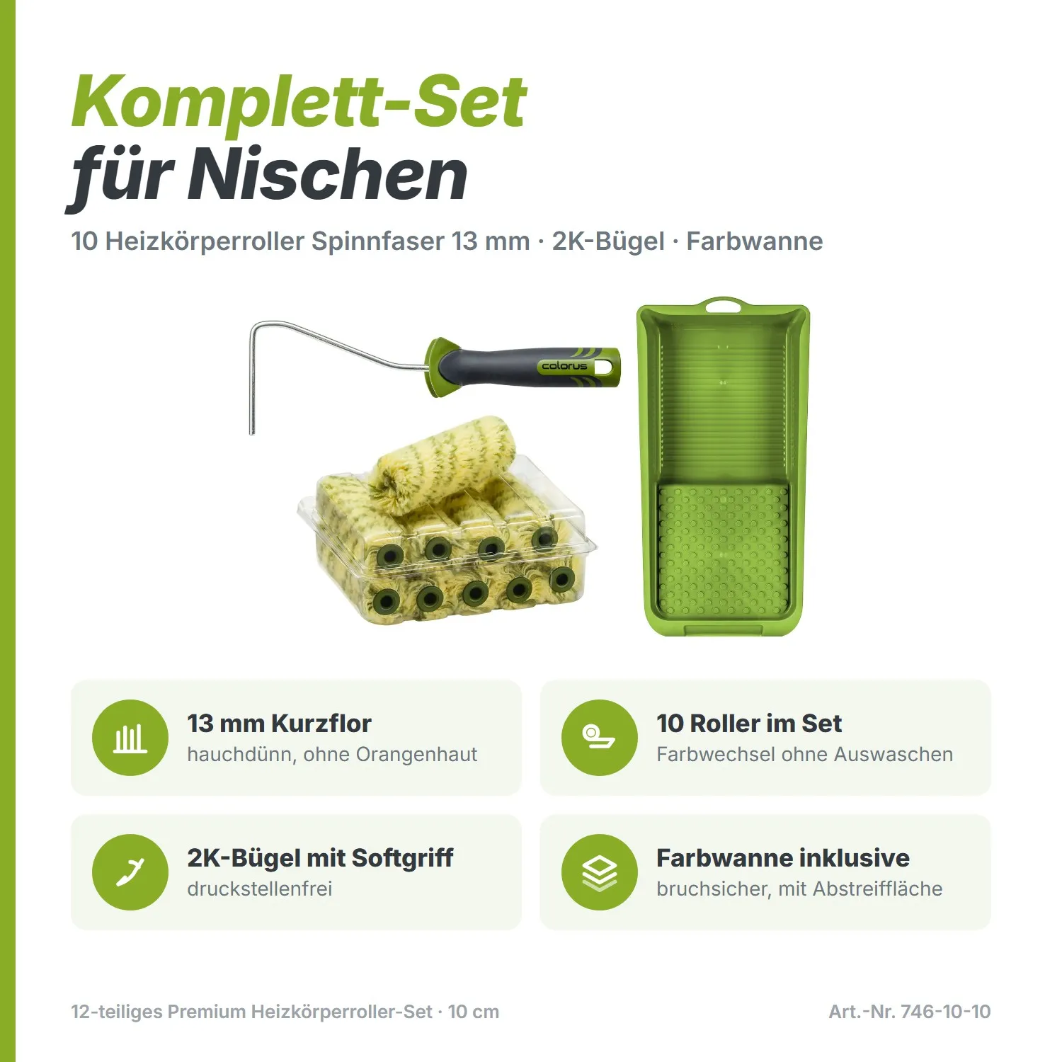 12-teiliges Premium Heizkörperroller-Set (10 cm) – Spinnfaser inkl. 2K-Bügel & Farbwanne