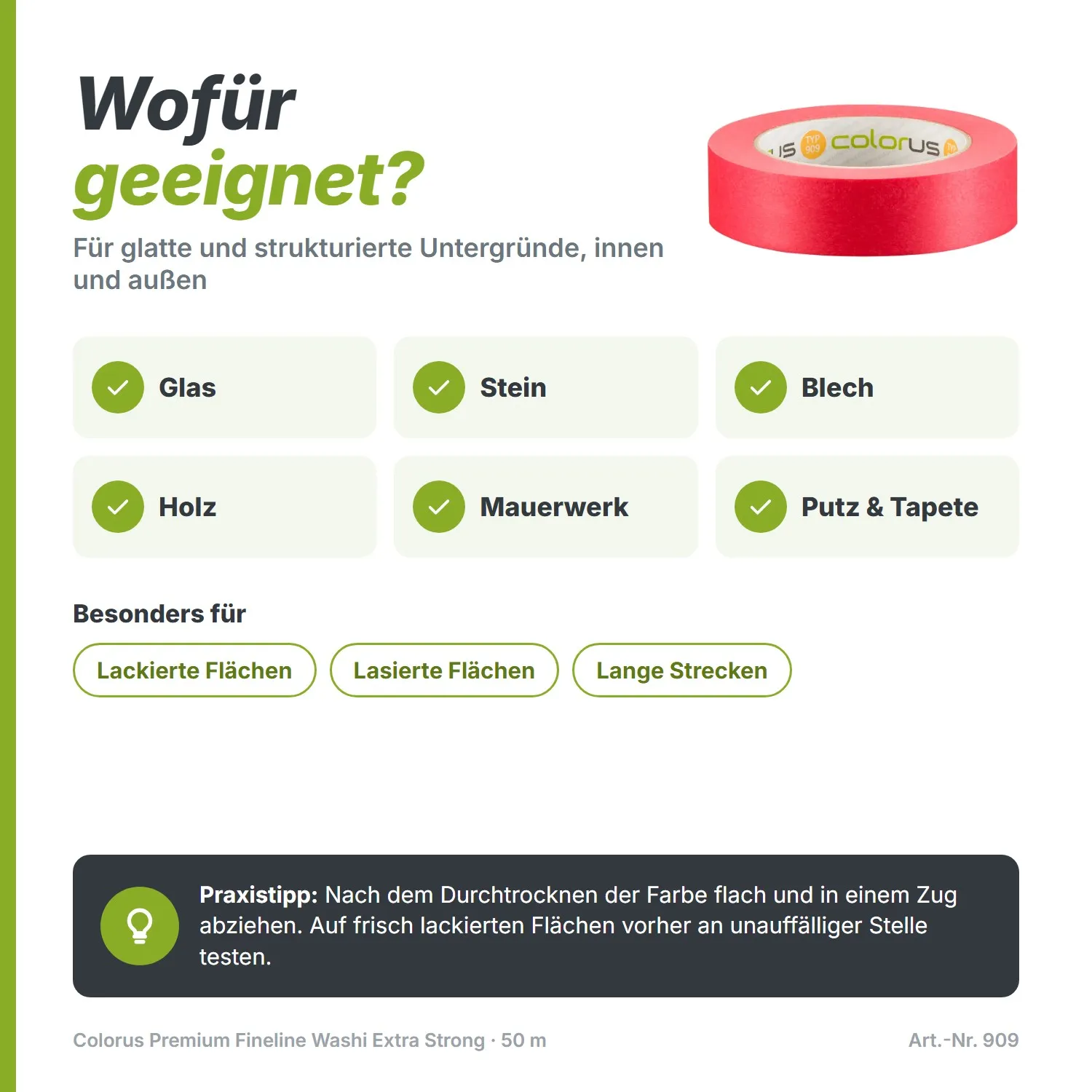 Colorus Premium Fineline Washi-Malerband Extra Strong 50 m x 50 mm – faserverstärkt