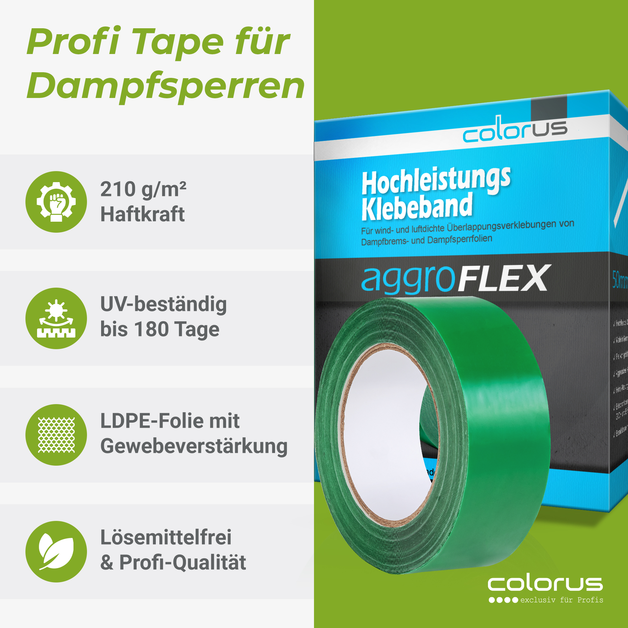 Colorus AggroFlex PLUS ruban adhésif pare-vapeur vert 25m 50mm