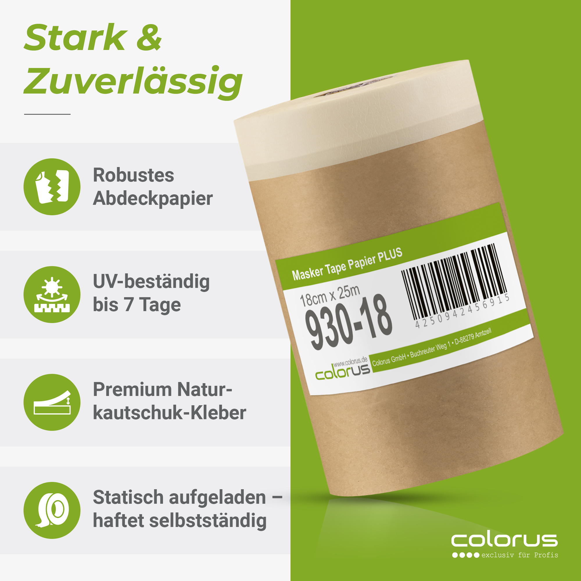 Colorus Premium Papier Masker Tape Abdeckpapier mit Klebeband 18cm x 25m Colorus Premium Papier Masker Tape Abdeckpapier mit Klebeband 18cm x 25m