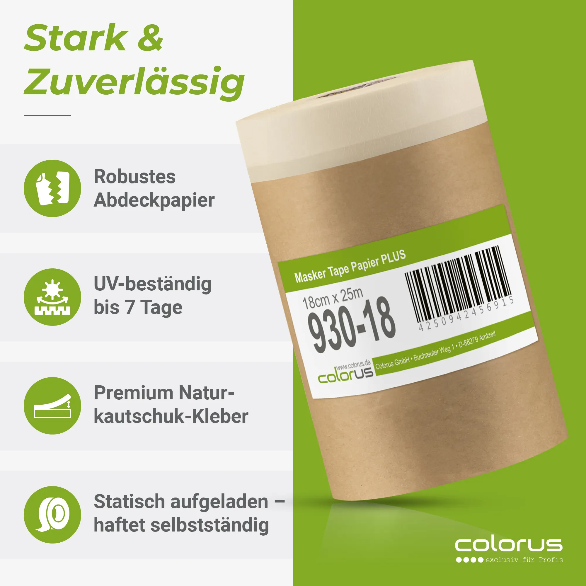 Colorus Premium Papier Masker Tape Abdeckpapier mit Klebeband 18cm x 25m