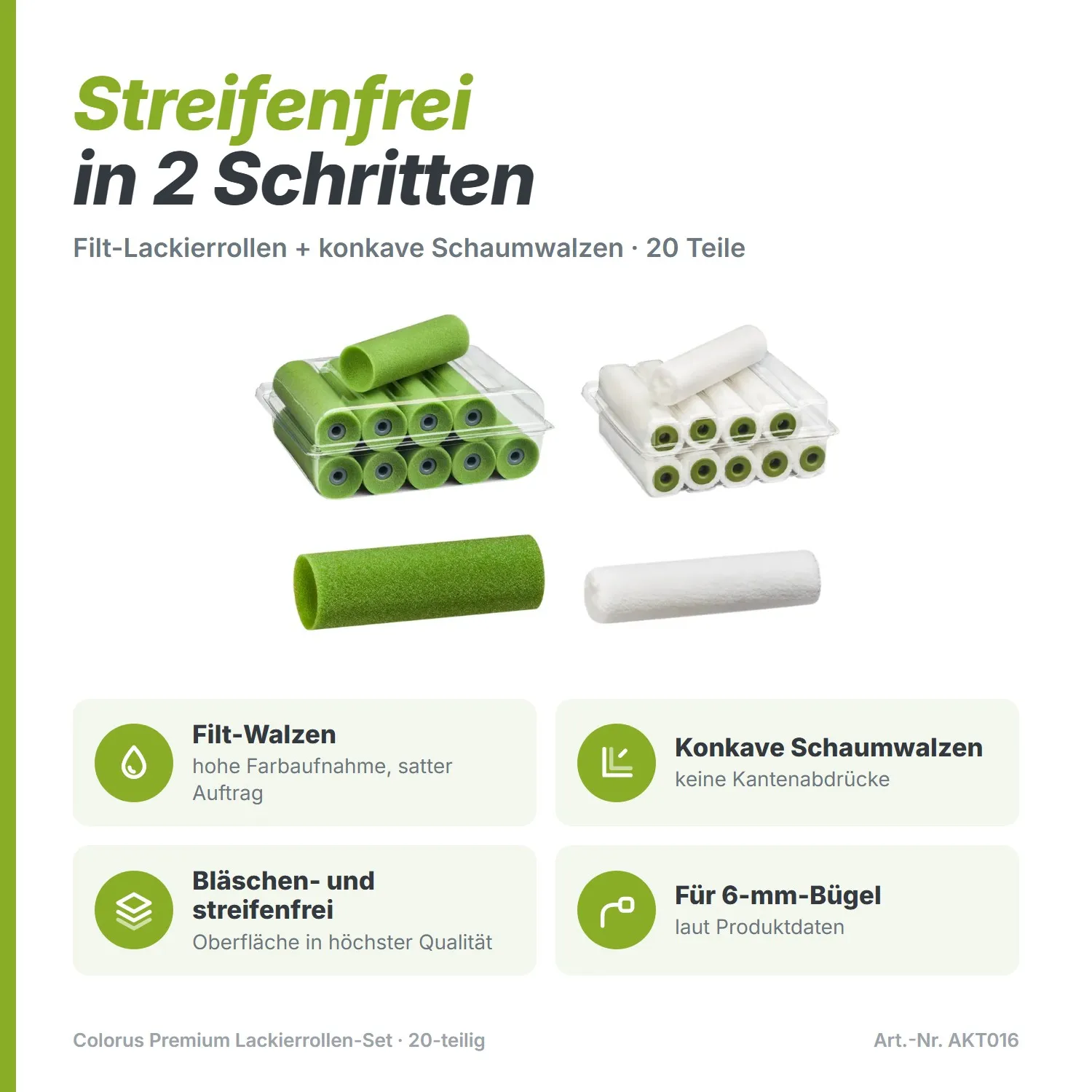 Colorus Premium Lackierrollen-Set (20-teilig) – Filt & konkave Schaumwalzen