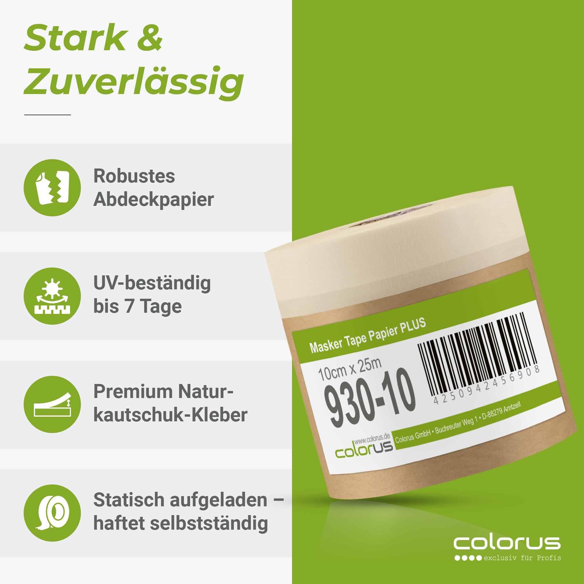 Colorus Premium Papier Masker Tape Abdeckpapier mit Klebeband 10cm x 25m