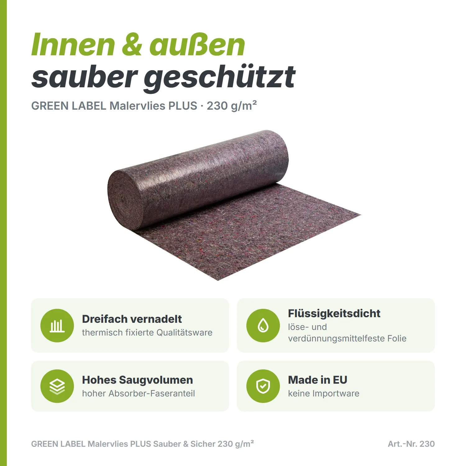 GREEN LABEL Maler Abdeckvlies PLUS Sauber & Sicher 230g / m² 2 x 50m