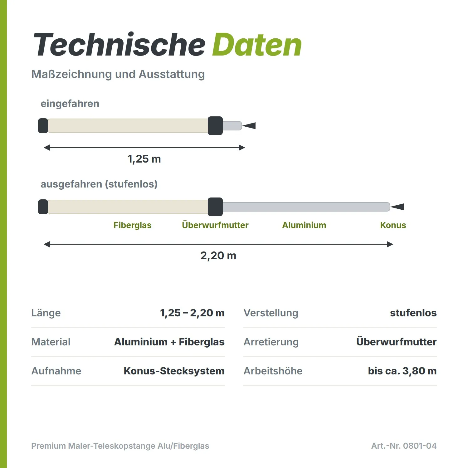Premium Maler-Teleskopstange Alu/Fiberglas (1,25 – 2,20 m) – Stufenlos verstellbar