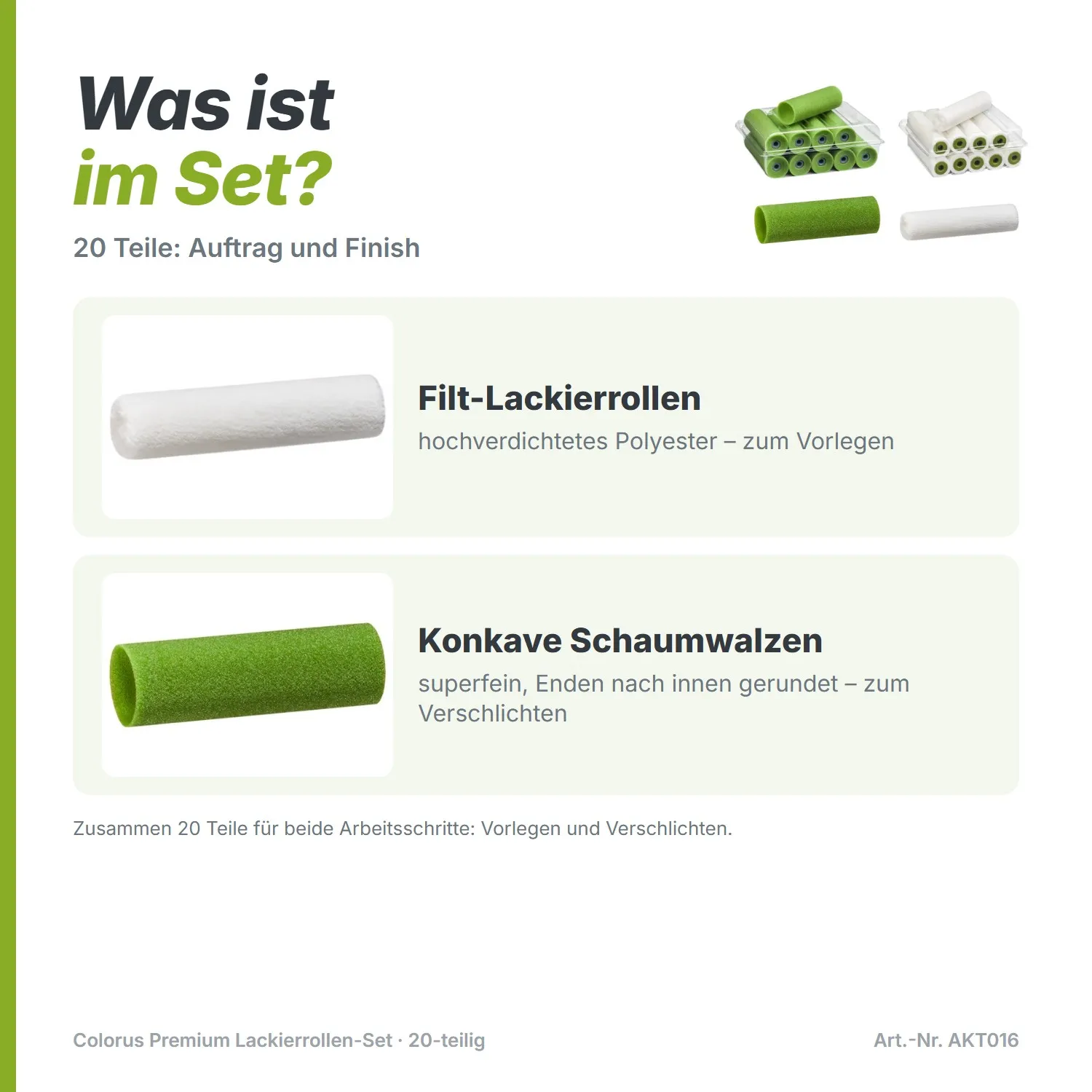 Colorus Premium Lackierrollen-Set (20-teilig) – Filt & konkave Schaumwalzen