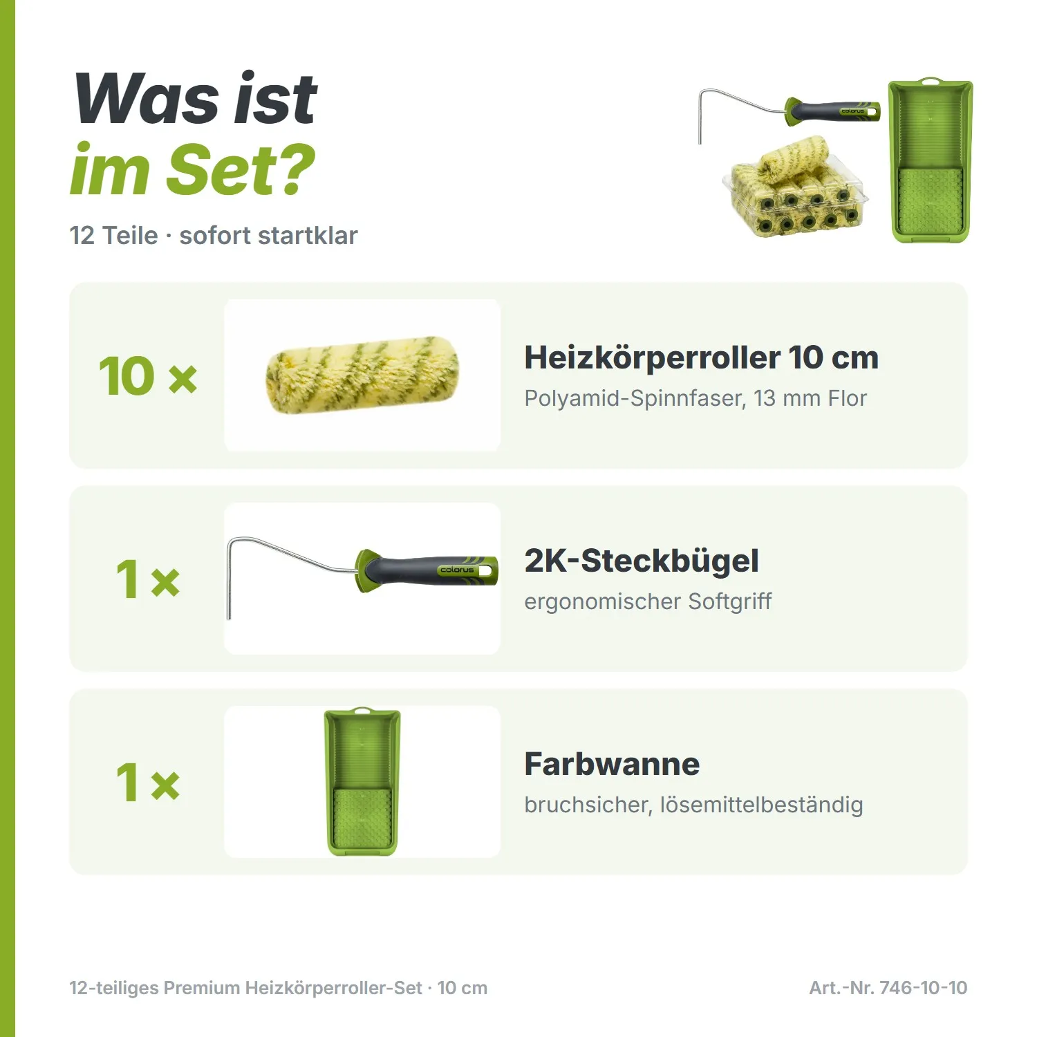 12-teiliges Premium Heizkörperroller-Set (10 cm) – Spinnfaser inkl. 2K-Bügel & Farbwanne