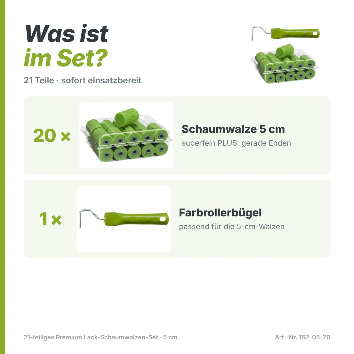 21-teiliges Premium Lack-Schaumwalzen-Set (5 cm) – Superfein, Gerade & inkl. Bügel