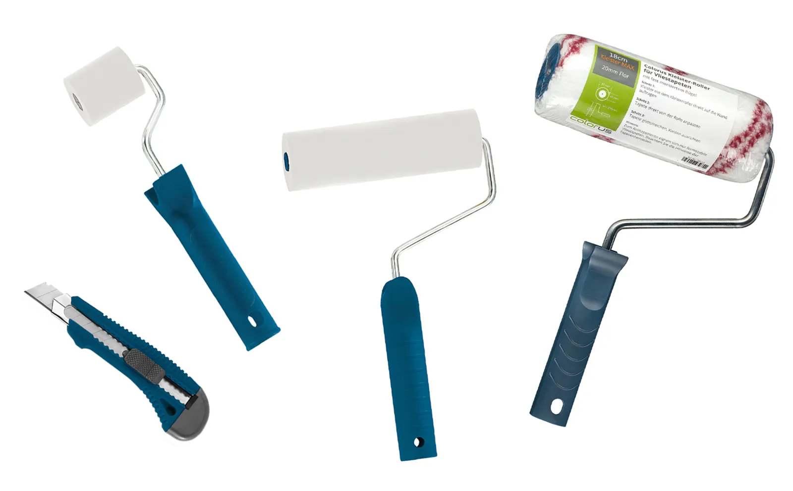 Profi Tapezierset: Kleisterroller, 2x Andrückroller, Cuttermesser 18mm