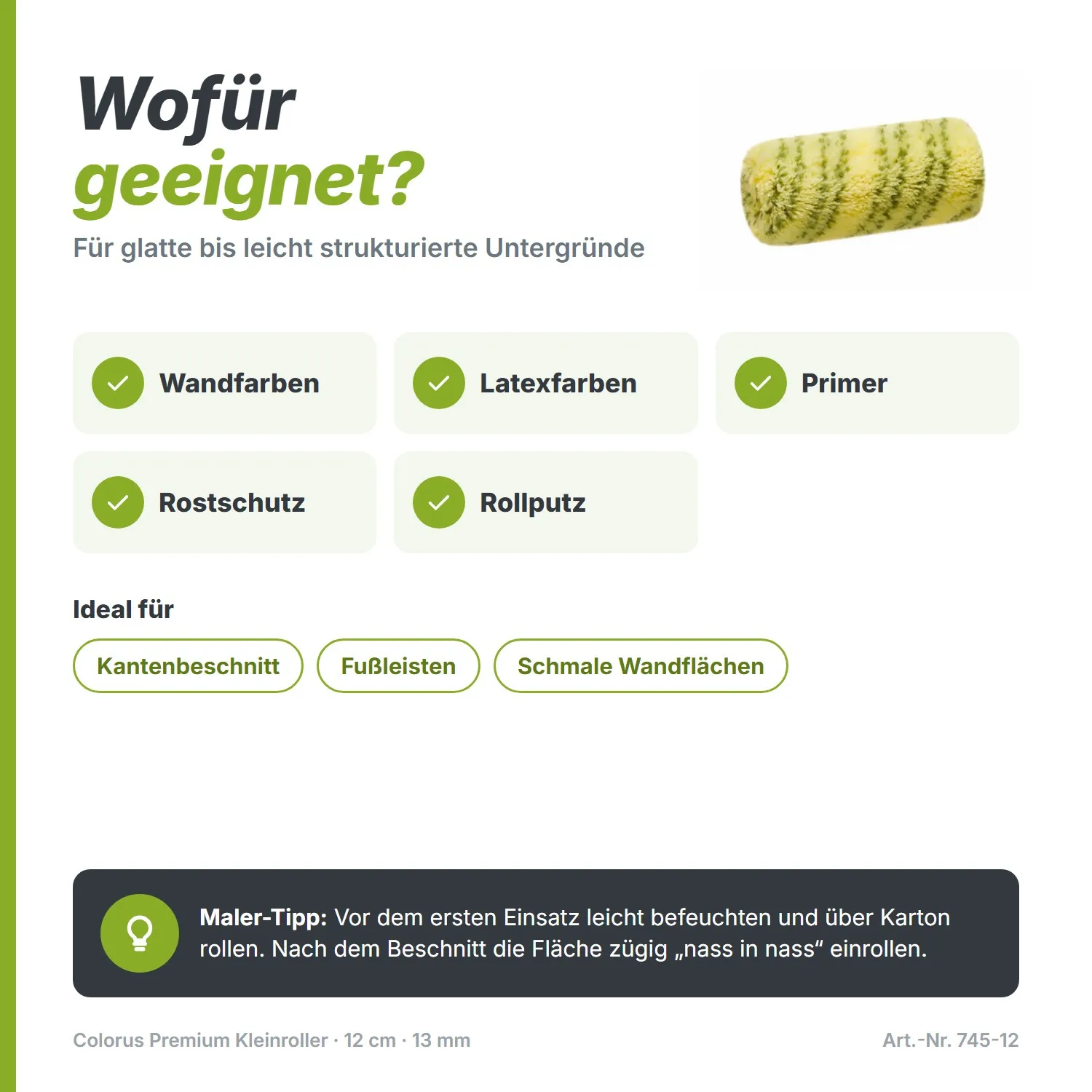 Colorus Premium Kleinroller (12 cm) – 13-mm-Flor für glatte Kanten & kleine Flächen