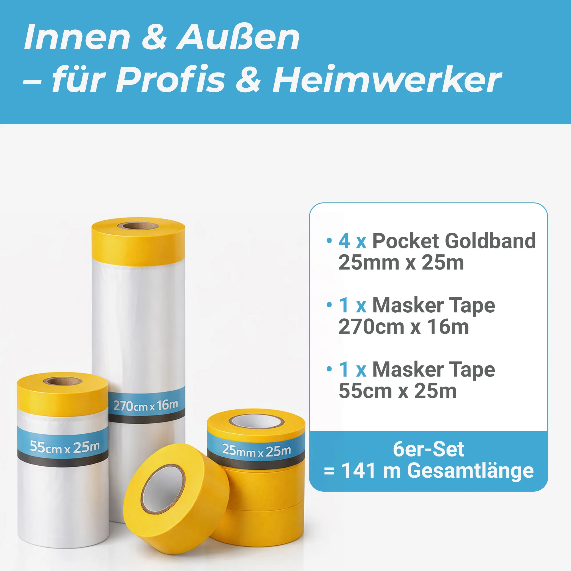 Mamba Abklebeband-Set 6-teilig | 2x Abdeckfolie (270 cm × 16 m & 55 cm × 25 m) | 4x Goldband 25 mm × 25 m