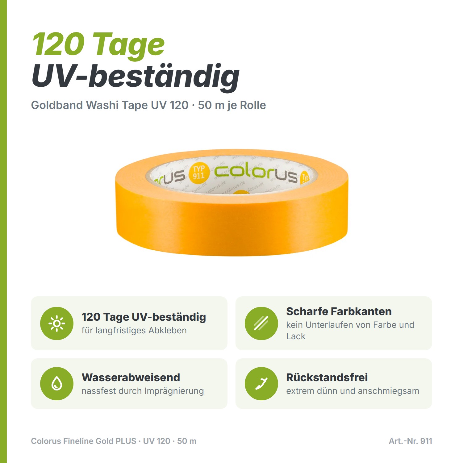 Colorus Premium Goldband Washi Tape UV 120 Klebeband 50m x 50mm