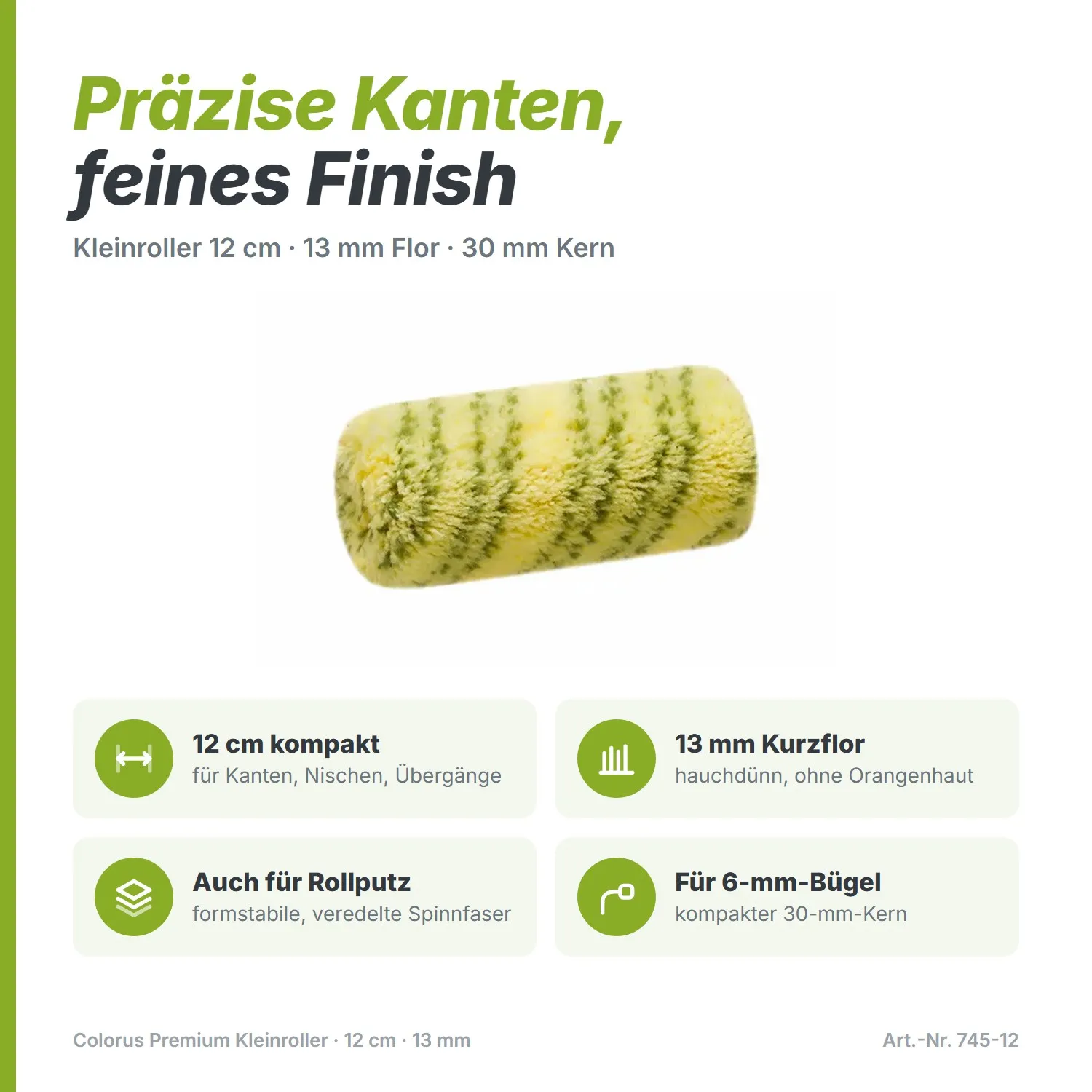 Colorus Premium Kleinroller (12 cm) – 13-mm-Flor für glatte Kanten & kleine Flächen