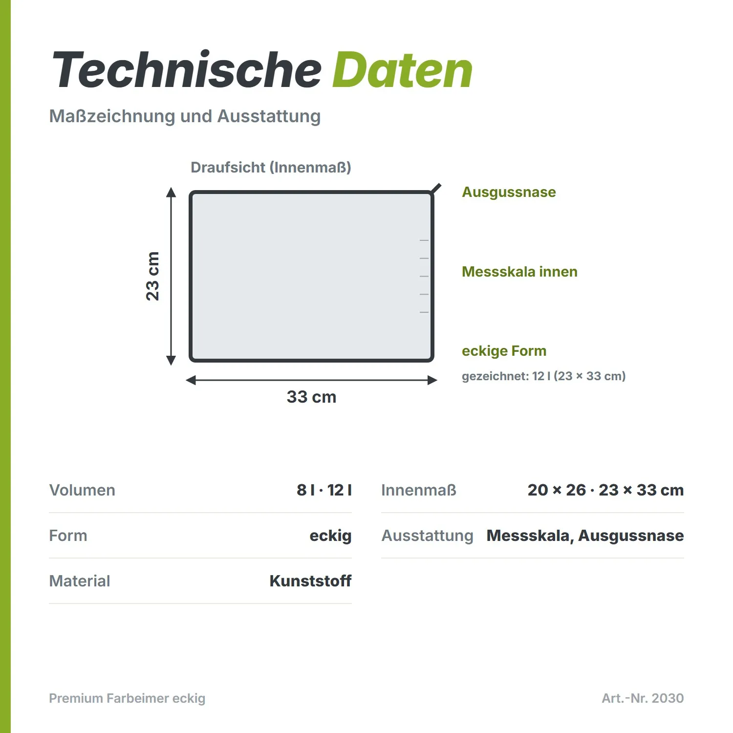Premium Farbeimer (12 Liter) – Eckig, für 25-cm-Walzen