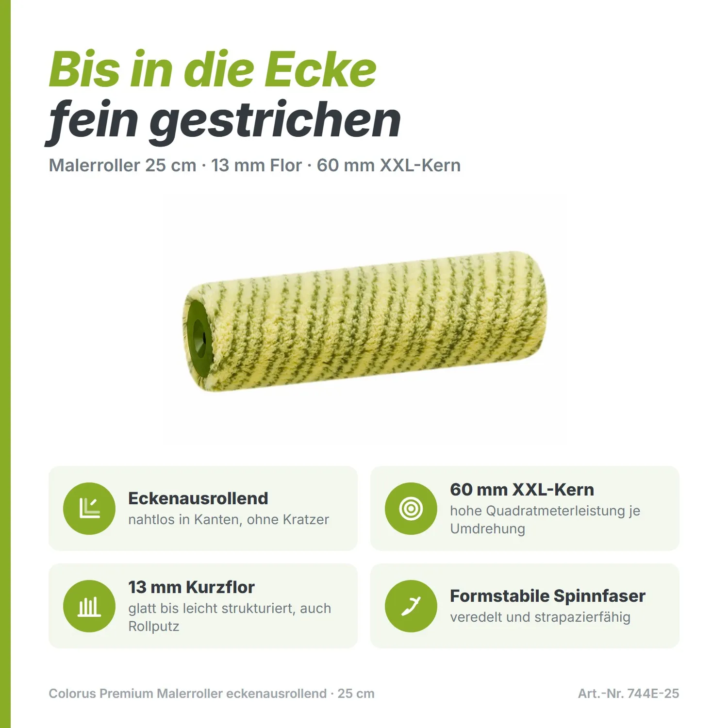 Malerroller eckenausrollend: 60 mm XXL-Kern, 13 mm Kurzflor, formstabile Spinnfaser, auch für Rollputz