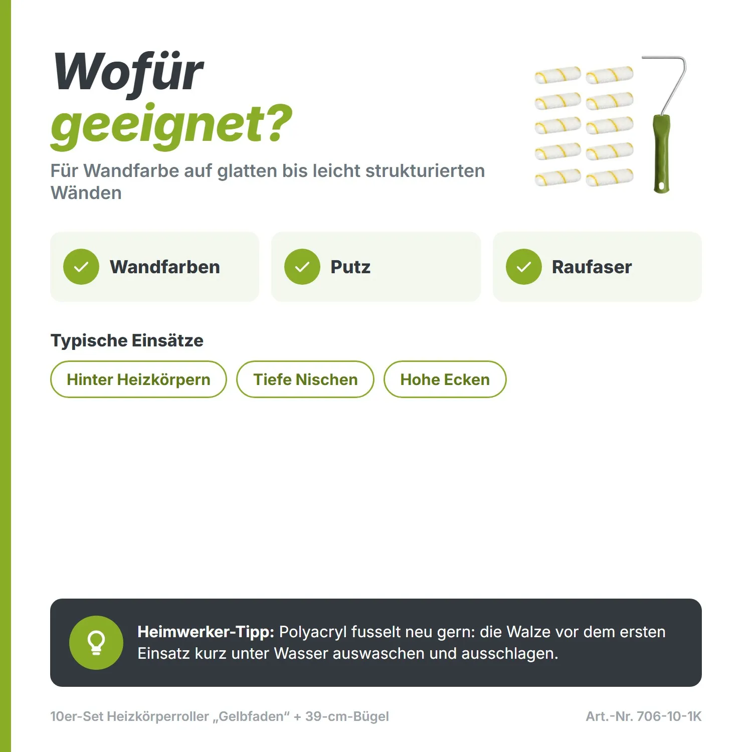 10er-Set Heizkörperroller „Gelbfaden“ (10 cm) – Inkl. 39 cm Langbügel (12 mm Flor)