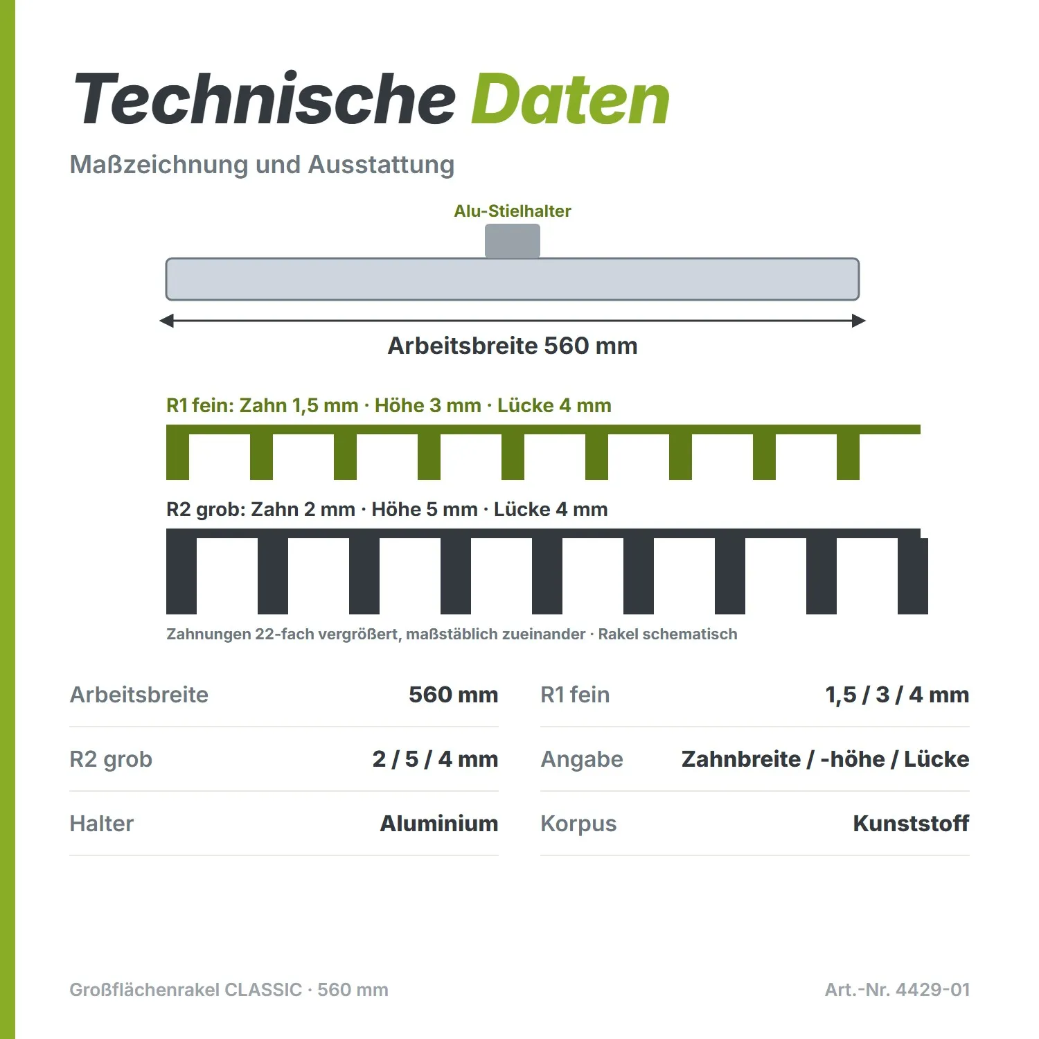 Großflächenrakel CLASSIC (560 mm) – Doppelseitige Zahnung R1/R2 & Alu-Halter