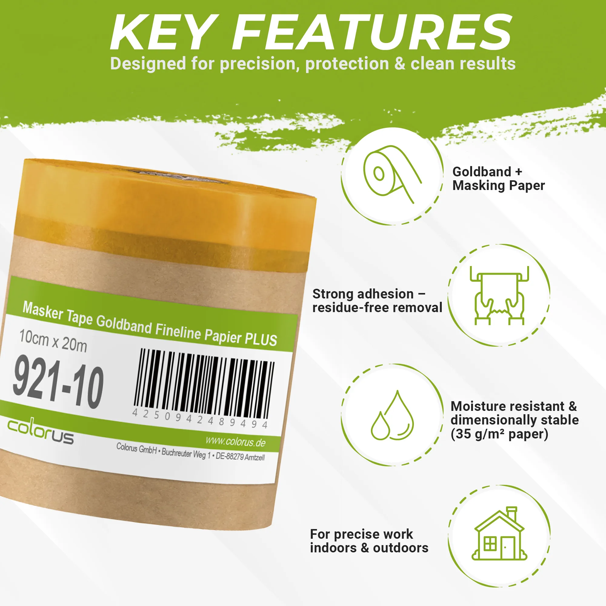 Colorus Premium Papier Masker Tape Goldband Fineline UV 30 10cm x 20m