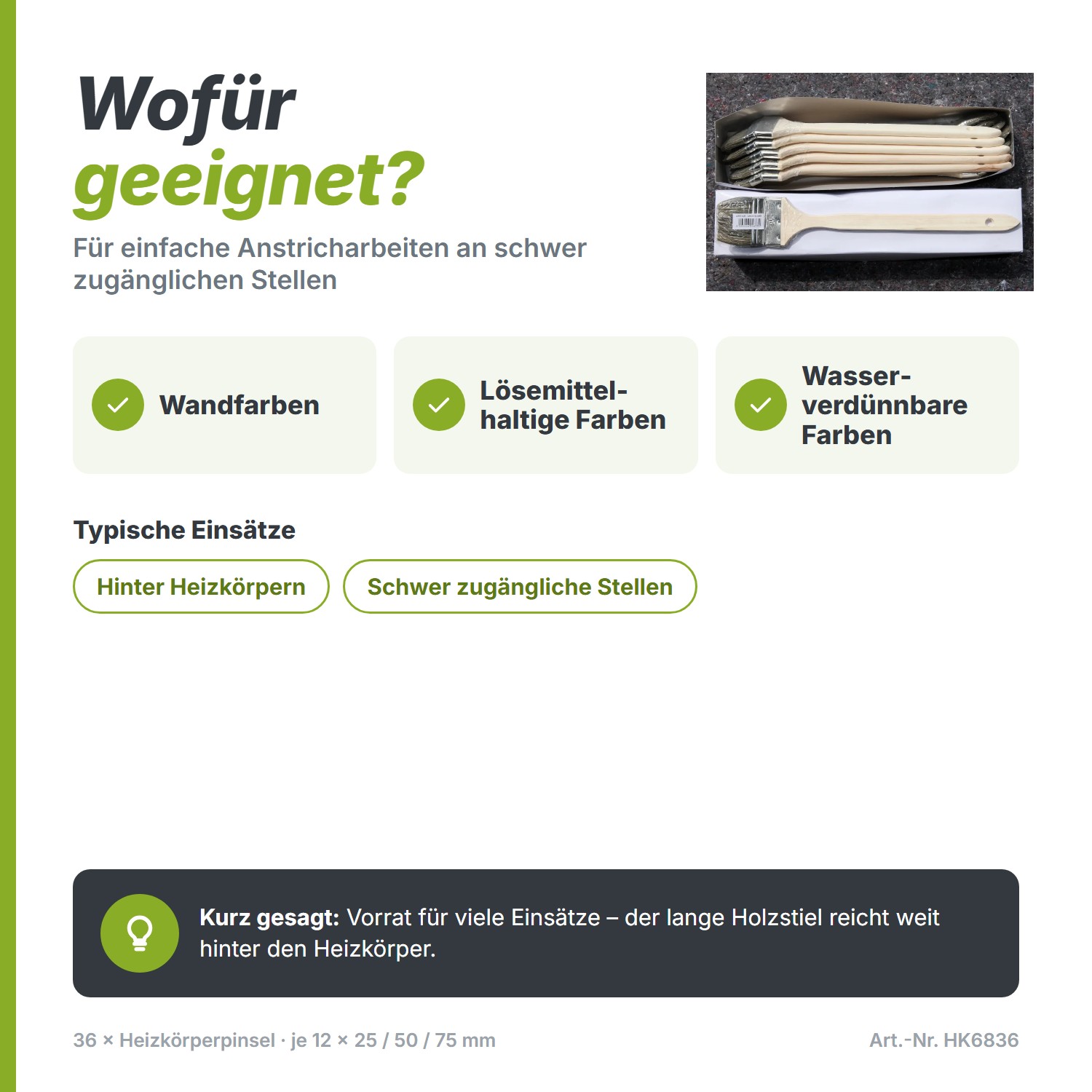 Heizkörperpinsel für Wandfarben, lösemittelhaltige und wasserverdünnbare Farben hinter Heizkörpern