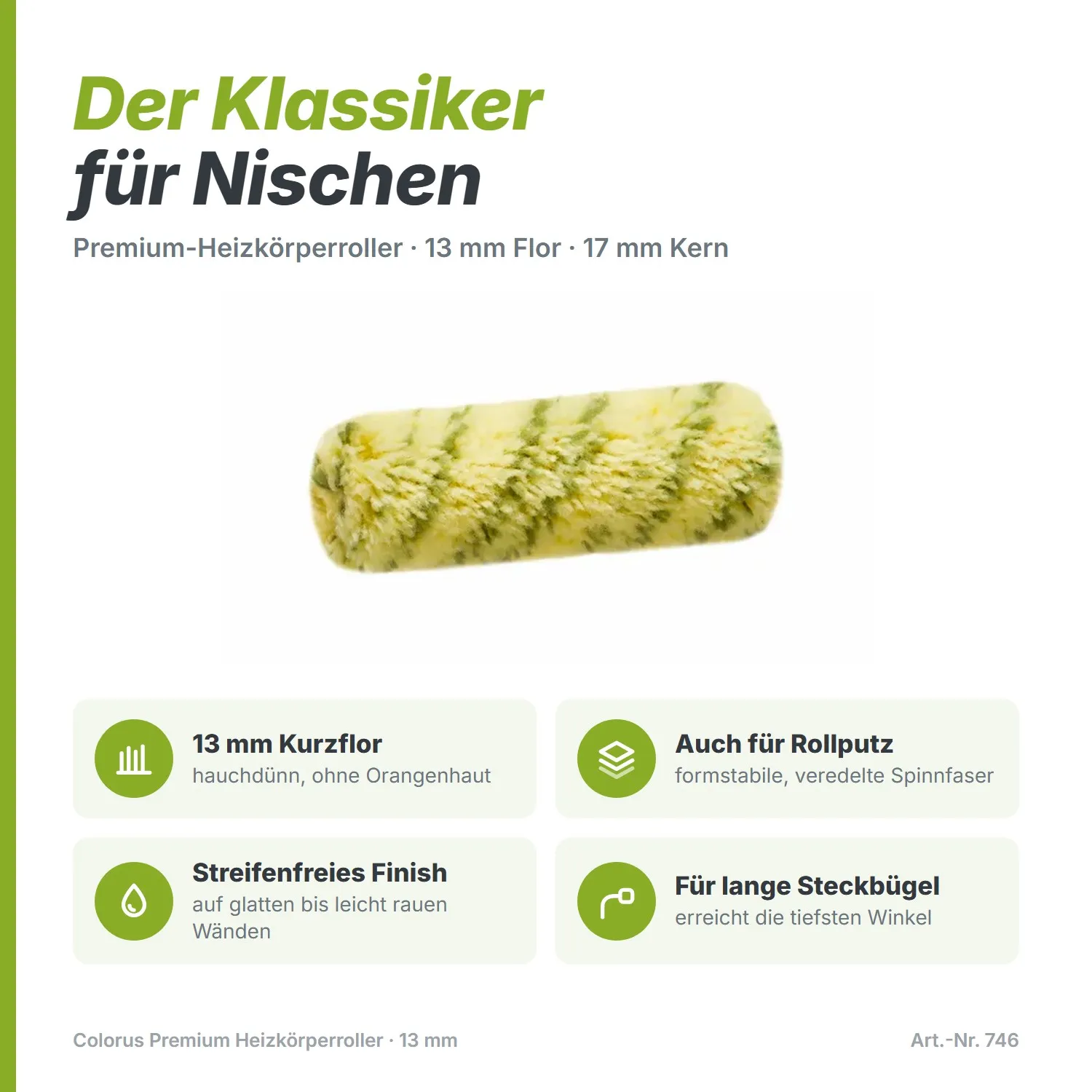 Colorus Premium Heizkörperroller (10 cm) – Der Klassiker für Nischen (13-mm-Flor)