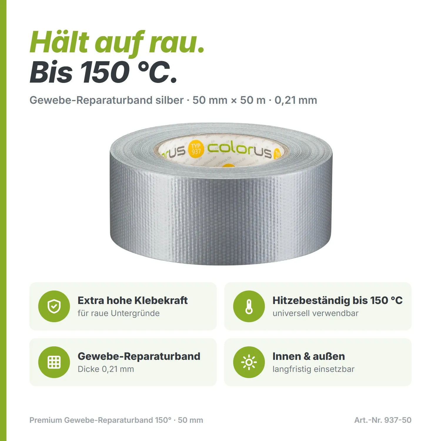Premium Gewebeband 150° Reparaturband silber 50m x 50mm