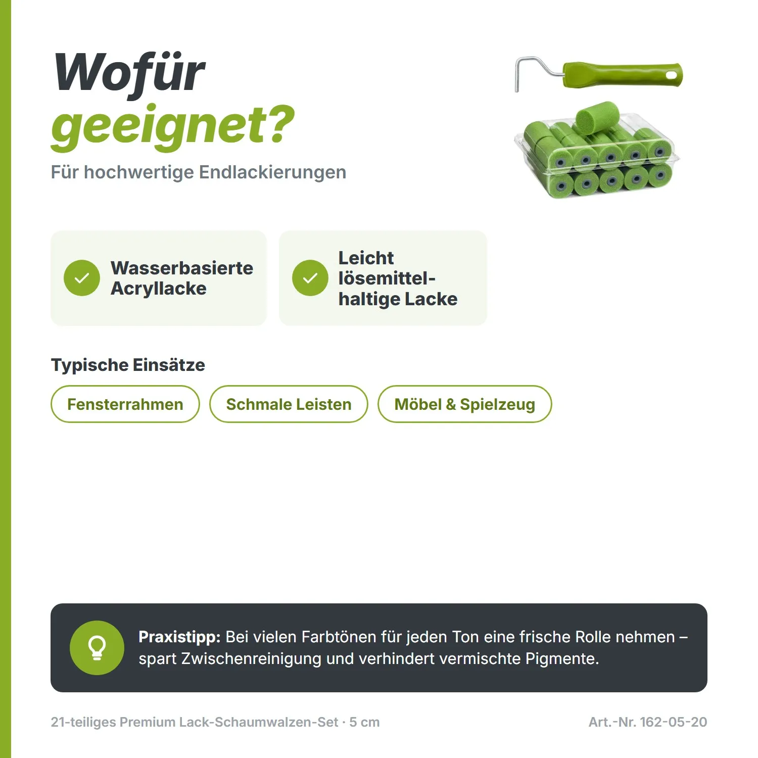 21-teiliges Premium Lack-Schaumwalzen-Set (5 cm) – Superfein, Gerade & inkl. Bügel