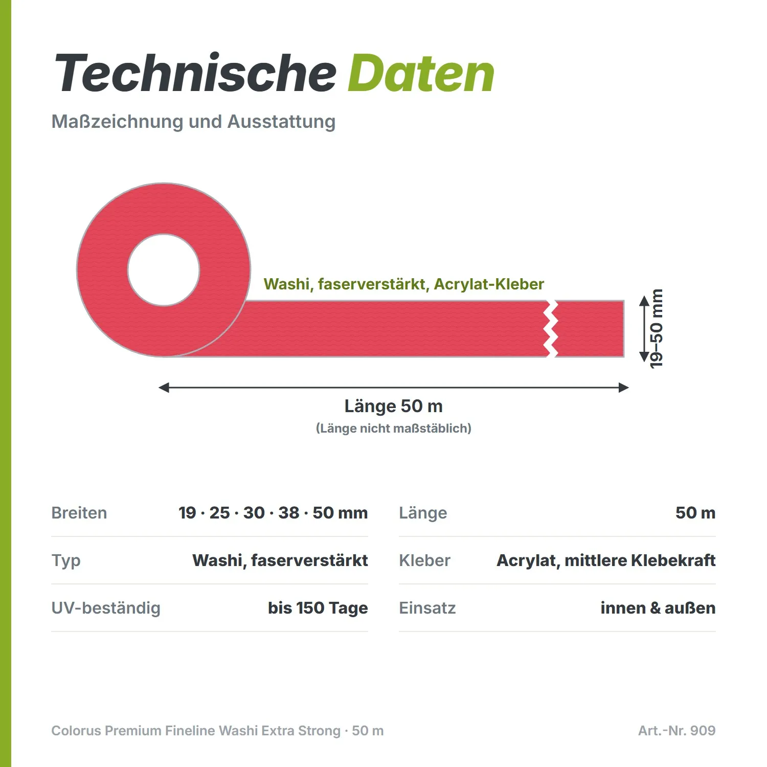 Colorus Premium Fineline Washi-Malerband Extra Strong 50 m x 50 mm – faserverstärkt