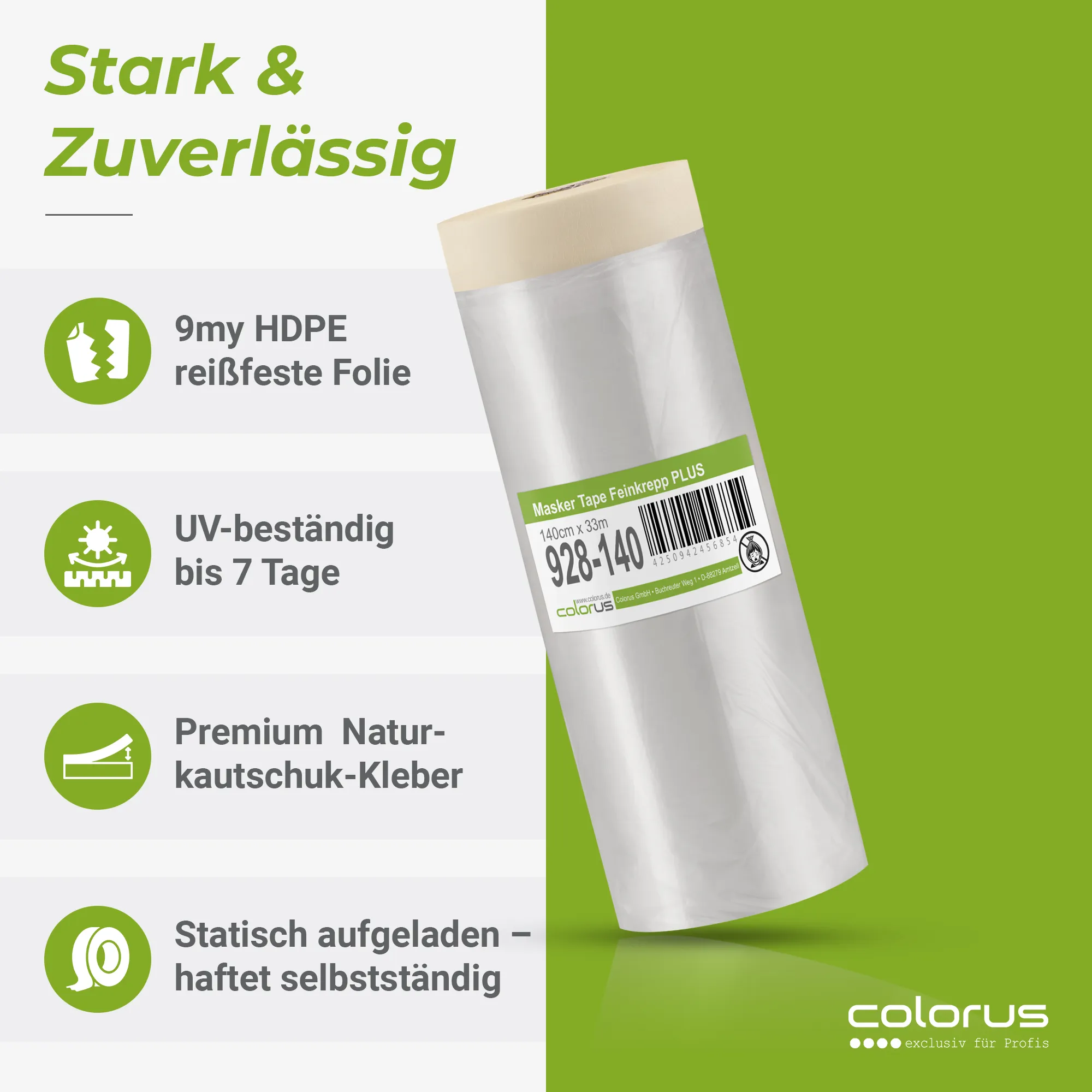 Colorus Premium Folien Masker Tape Kreppband mit Abdeckfolie 140cm x 33m