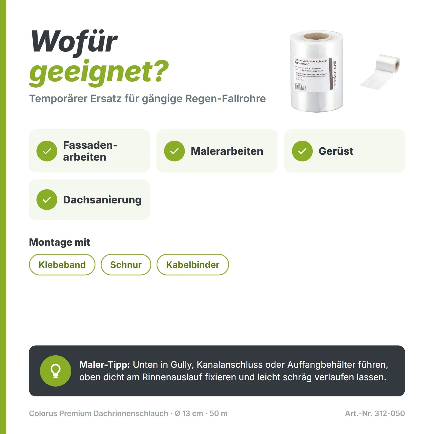 Colorus Premium Dachrinnenschlauch bzw. Fallrohrersatz 130µm LDPE Ø 13cm x 50m