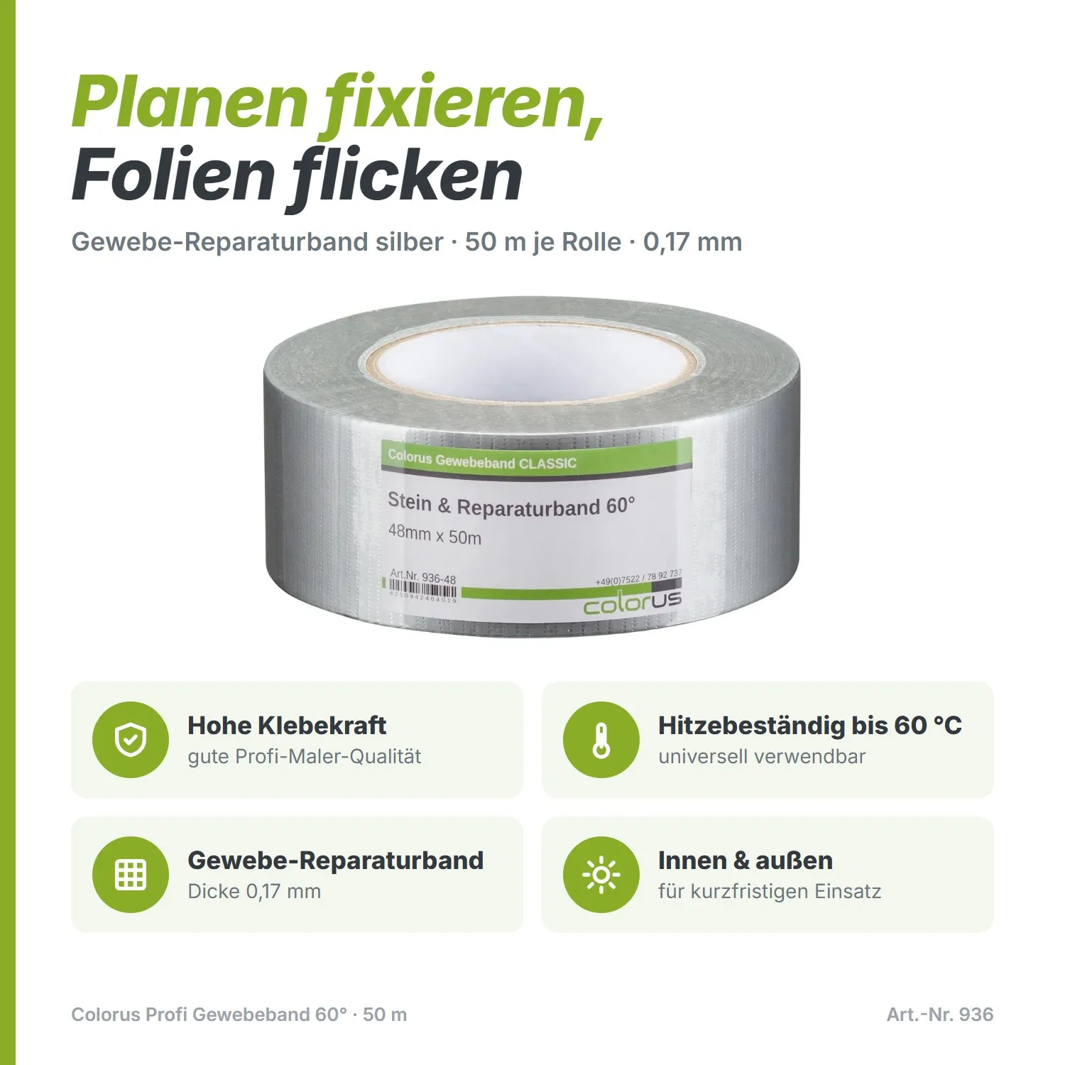 Colorus Profi Gewebeband 60° Reparaturband silber 50m x 48mm