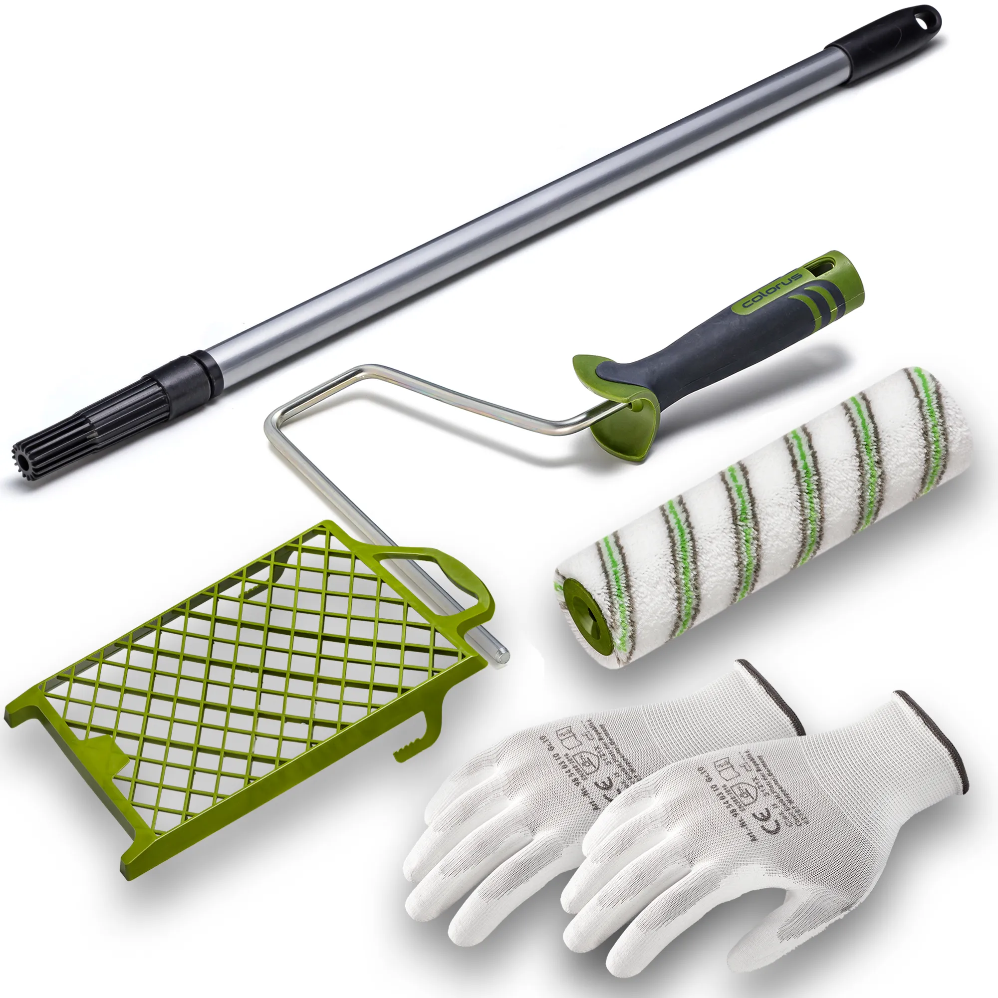 Colorus Malerwalze inkl. Teleskopstab, Abstreifgitter und Handschuhe Set 5 tlg für glatte bis leicht strukturierte Untergründe