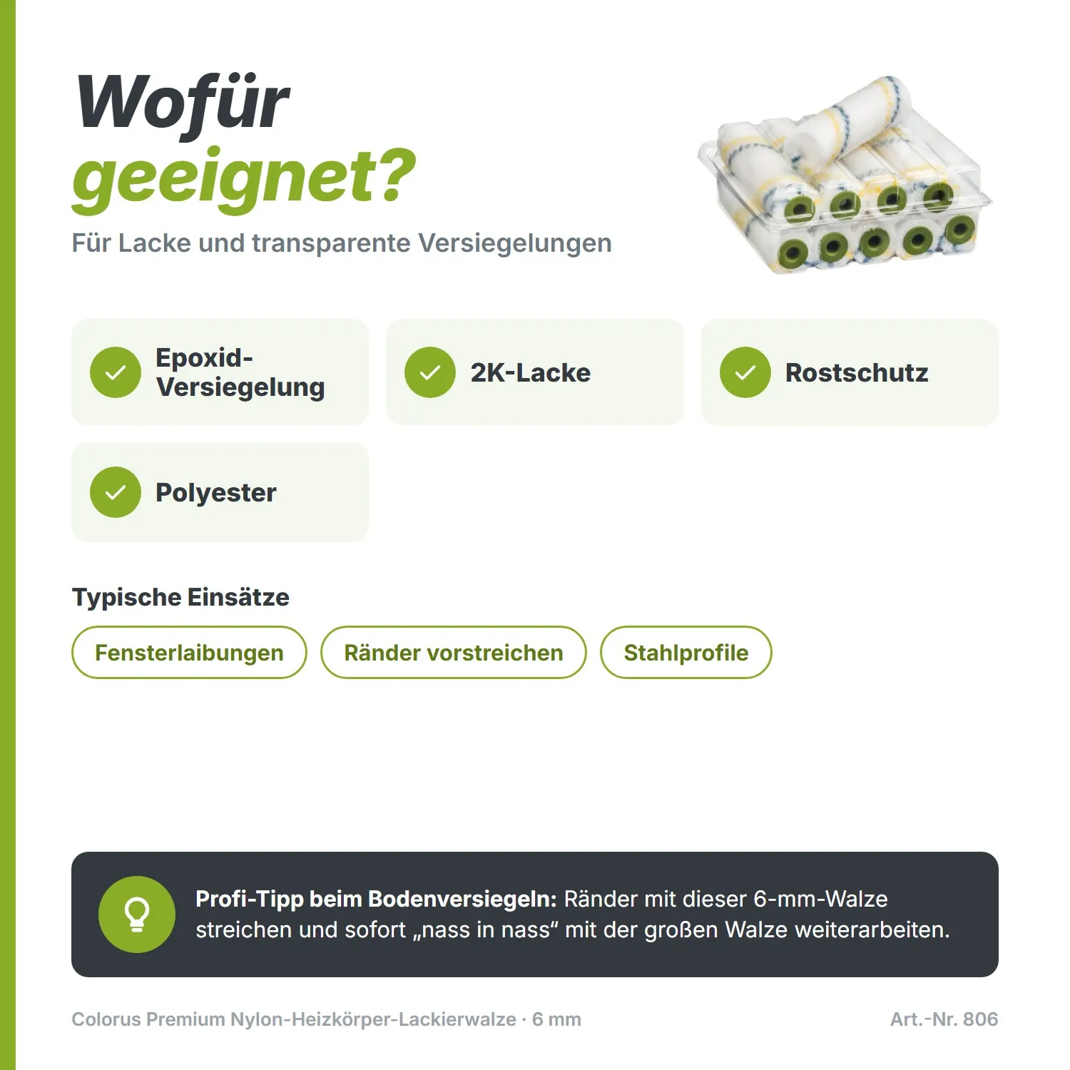 Colorus Premium Nylon Heizkörperroller (10 cm) – Für Versiegelung & Lack (6 mm Flor)