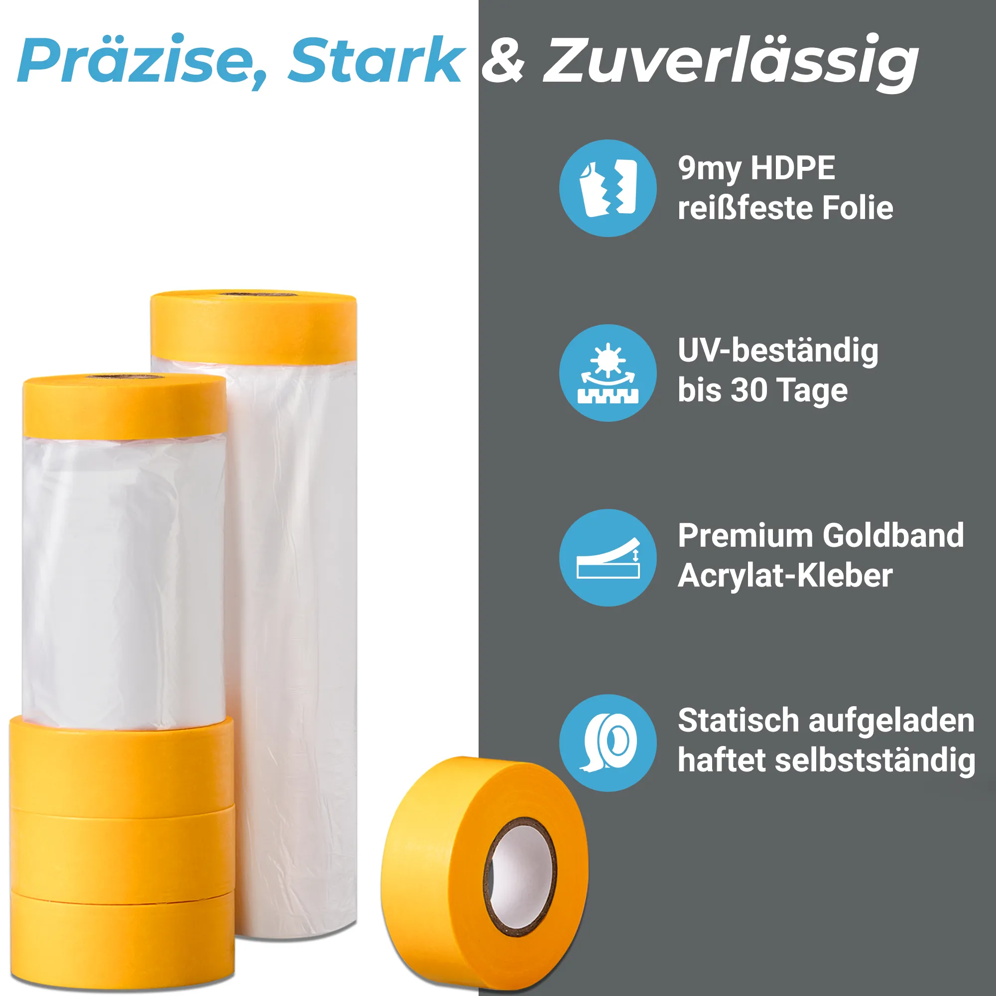 Mamba Abklebeband-Set 6-teilig | 2x Abdeckfolie (270 cm × 16 m & 55 cm × 25 m) | 4x Goldband 25 mm × 25 m