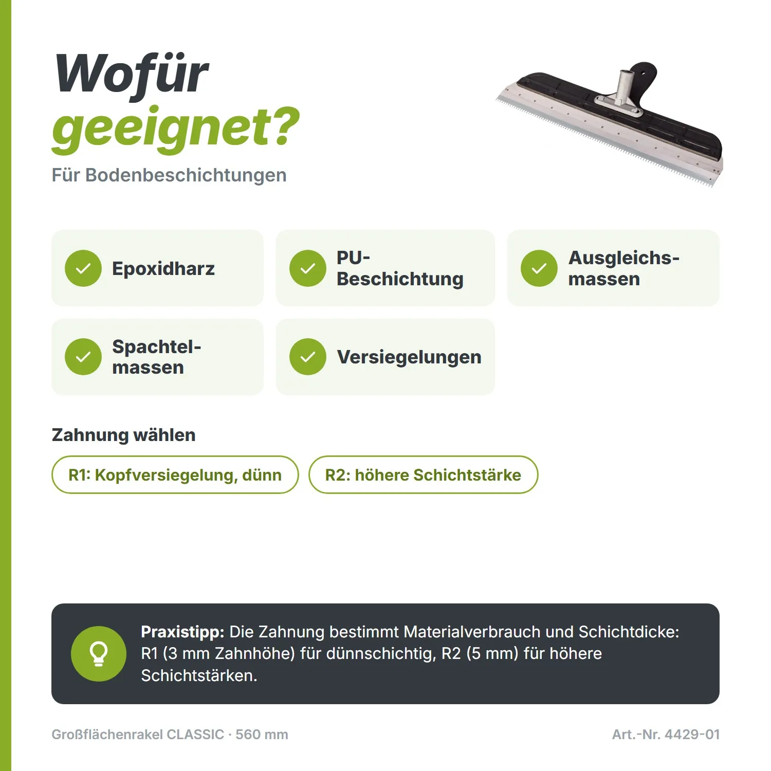 Großflächenrakel CLASSIC (560 mm) – Doppelseitige Zahnung R1/R2 & Alu-Halter