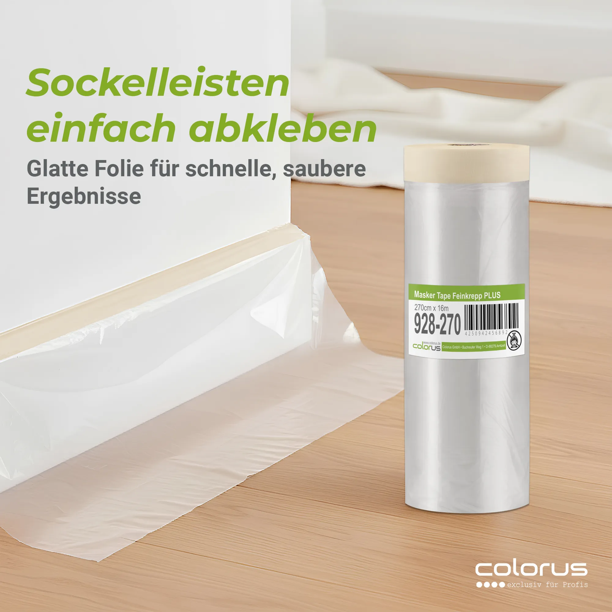 Colorus Premium Folien Masker Tape Kreppband mit Abdeckfolie 270cm x 16m