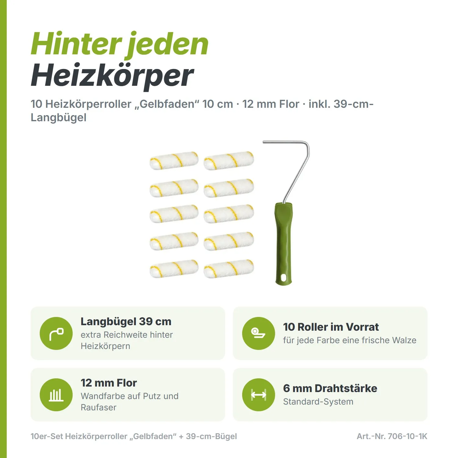 10er-Set Heizkörperroller „Gelbfaden“ (10 cm) – Inkl. 39 cm Langbügel (12 mm Flor)