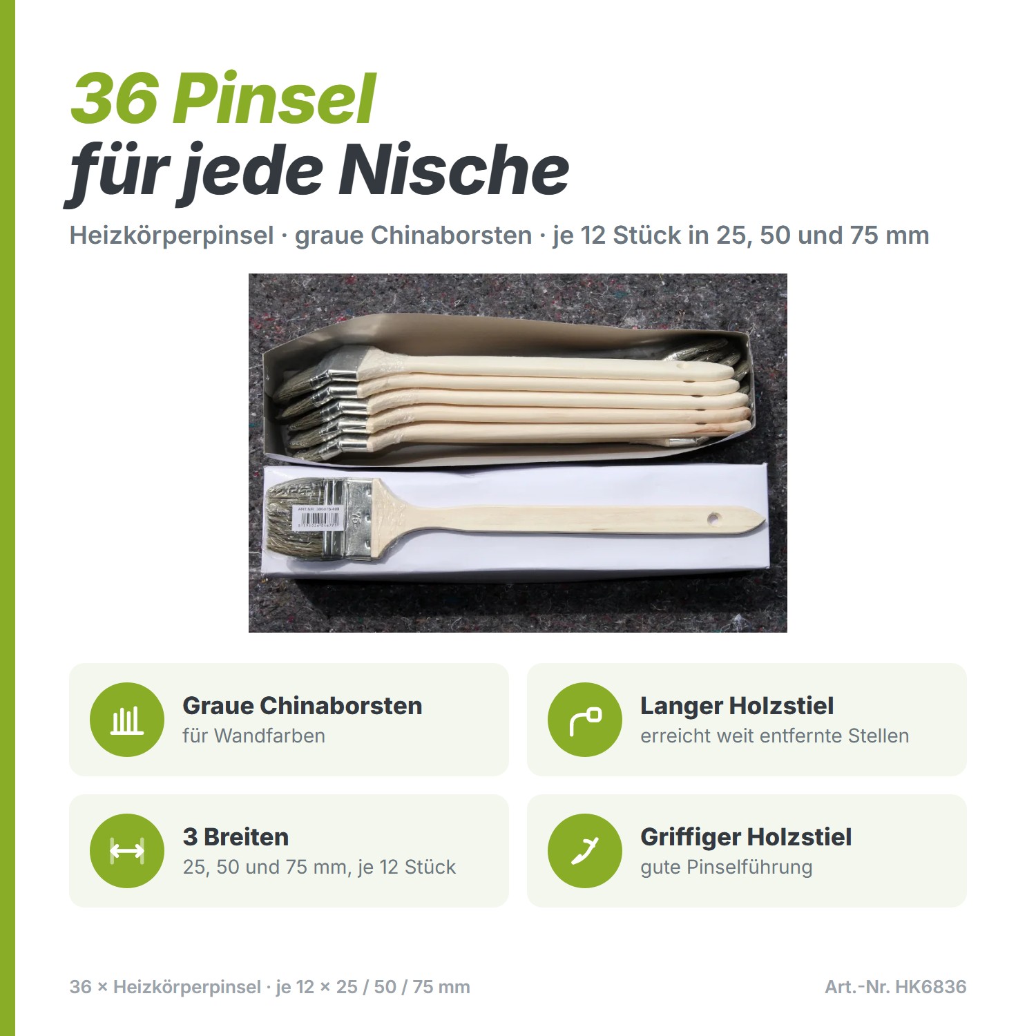 Heizkörperpinsel-Set: graue Chinaborsten, langer Holzstiel, 3 Breiten zu je 12 Stück