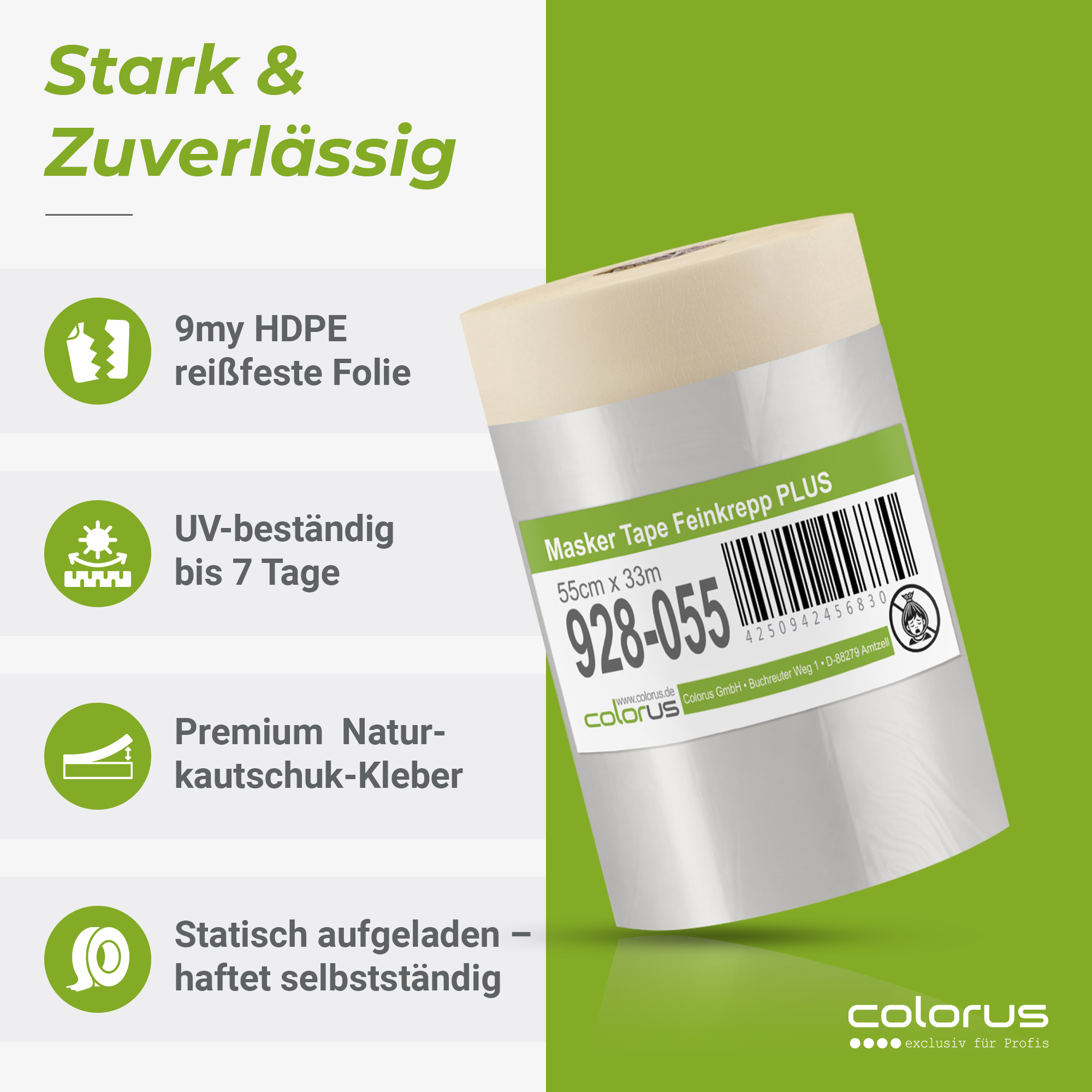 Colorus Premium Folien Masker Tape Kreppband mit Abdeckfolie 55cm x 33m