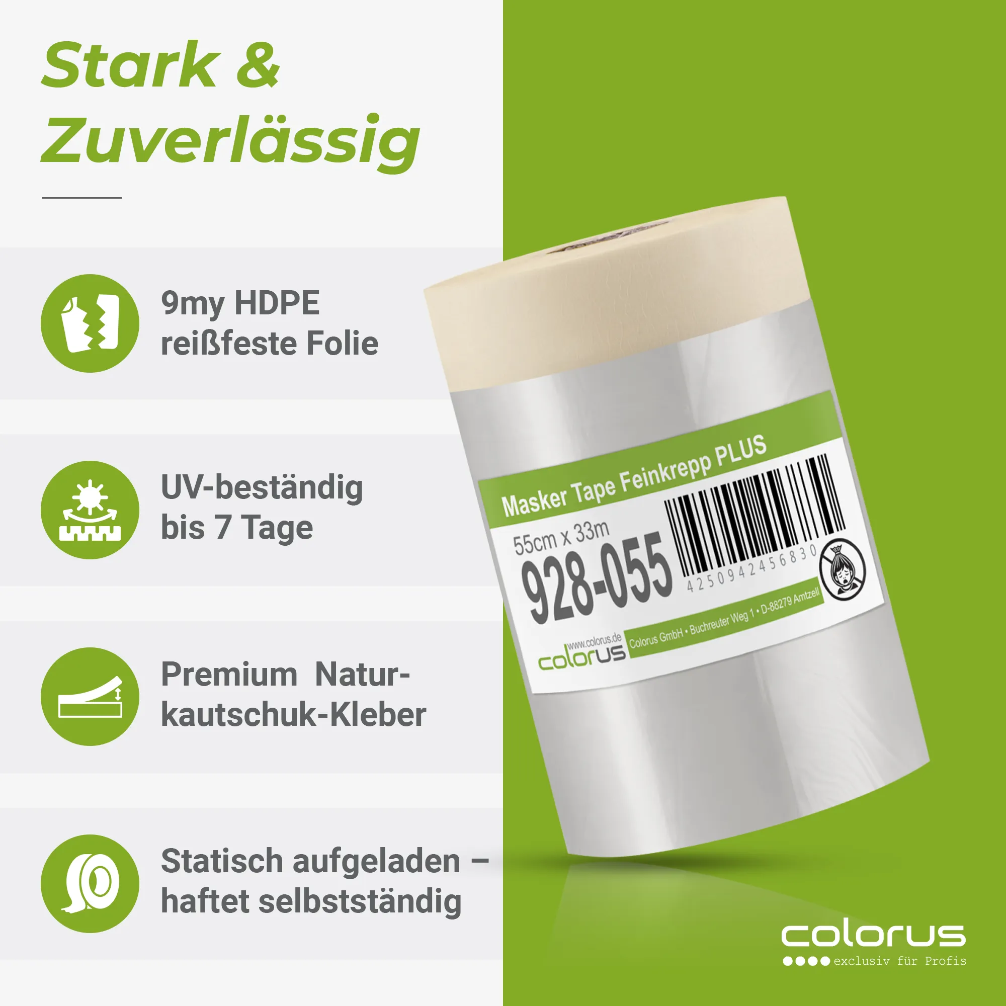 Colorus Premium Folien Masker Tape Kreppband mit Abdeckfolie 55cm x 33m