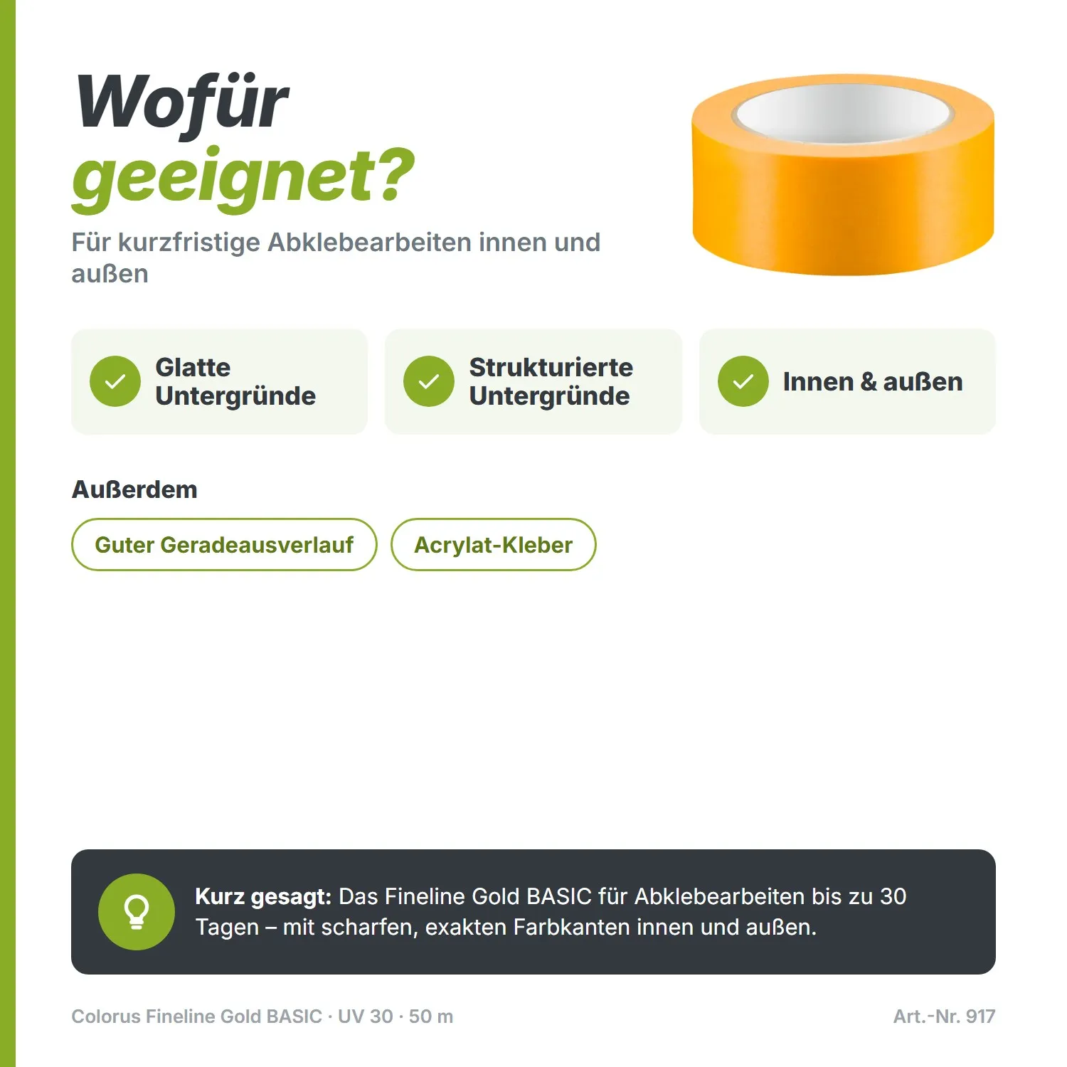 Colorus Heimwerker Goldband Washi Tape UV 30 Klebeband 50m x 50mm
