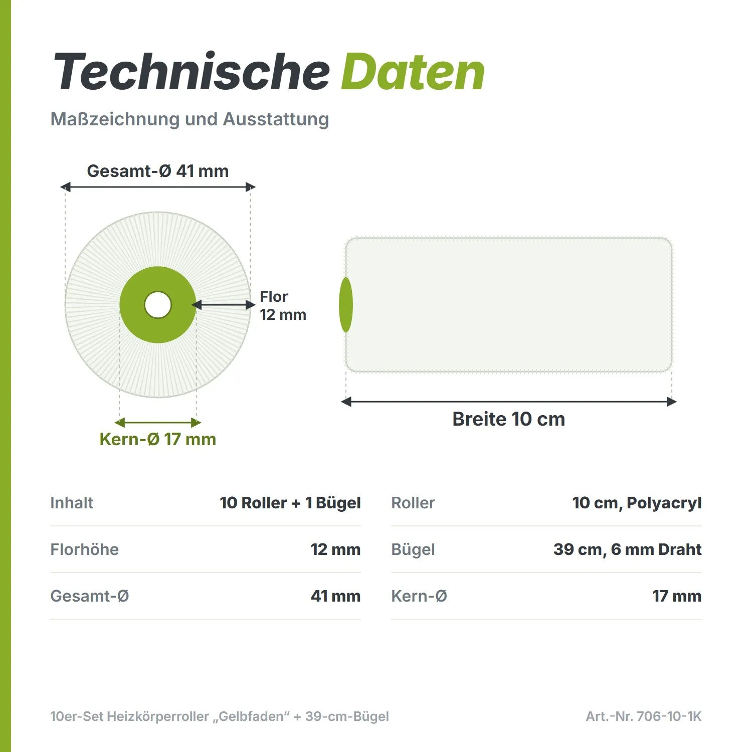 10er-Set Heizkörperroller „Gelbfaden“ (10 cm) – Inkl. 39 cm Langbügel (12 mm Flor)