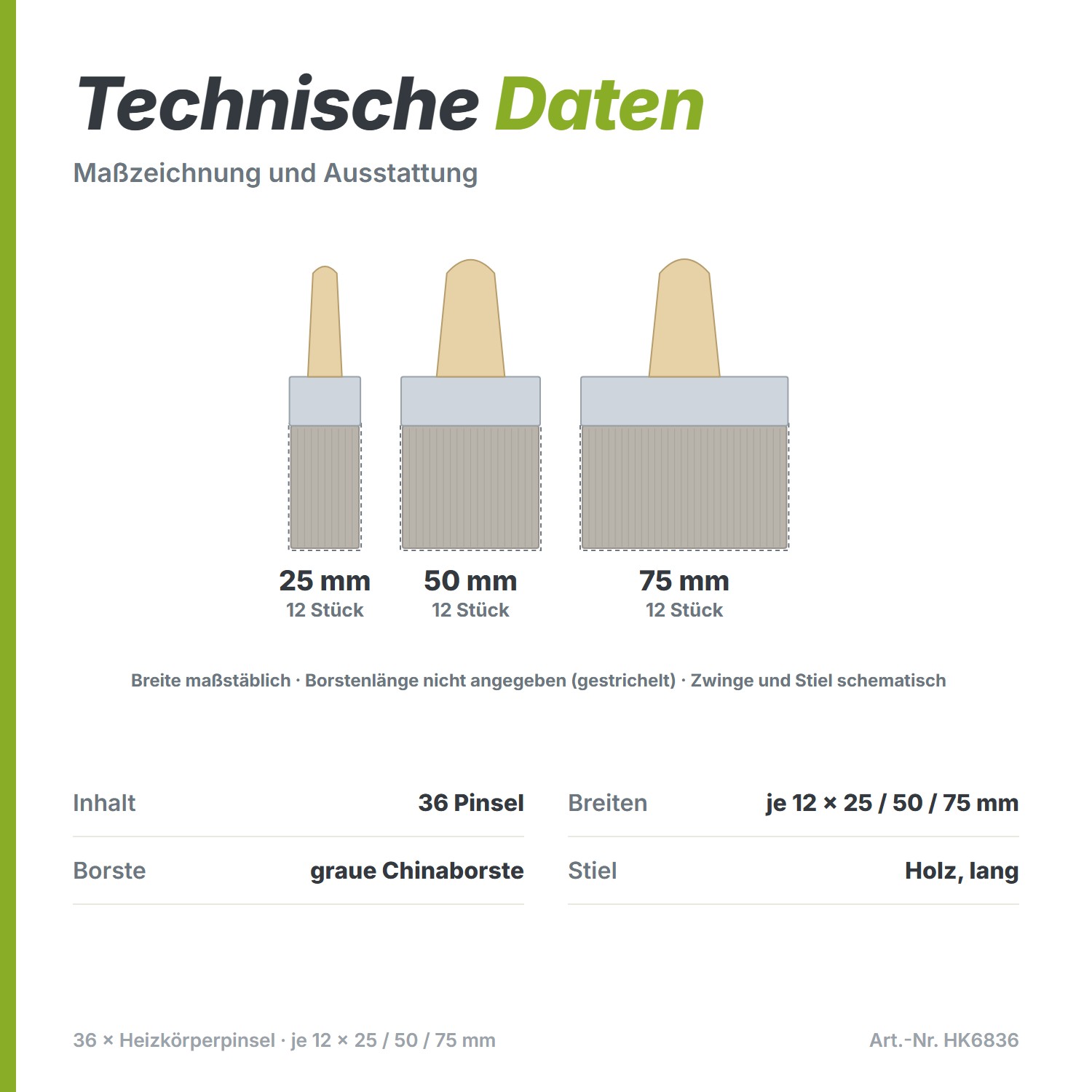 Technische Daten: 36 Heizkörperpinsel, graue Chinaborste, langer Holzstiel, je 12 × 25, 50 und 75 mm