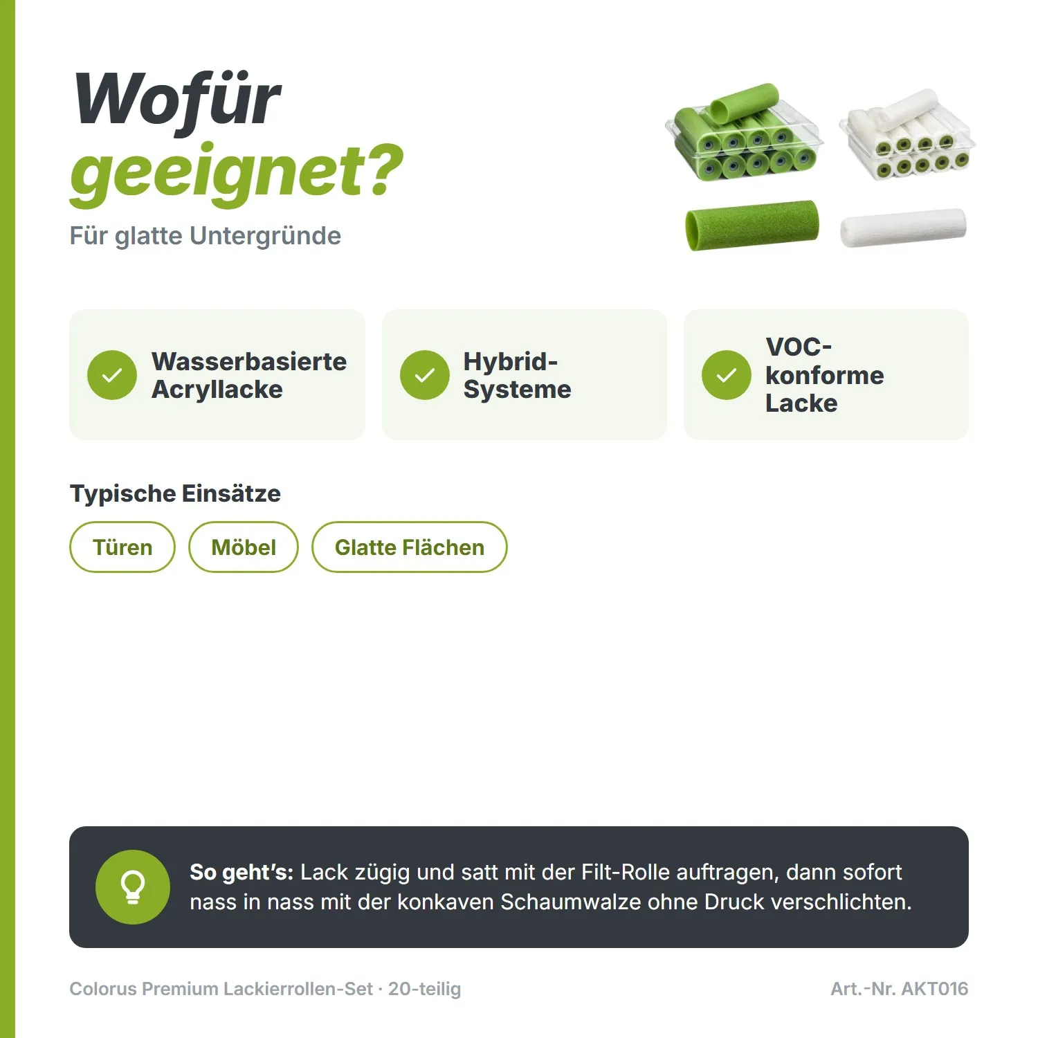 Colorus Premium Lackierrollen-Set (20-teilig) – Filt & konkave Schaumwalzen