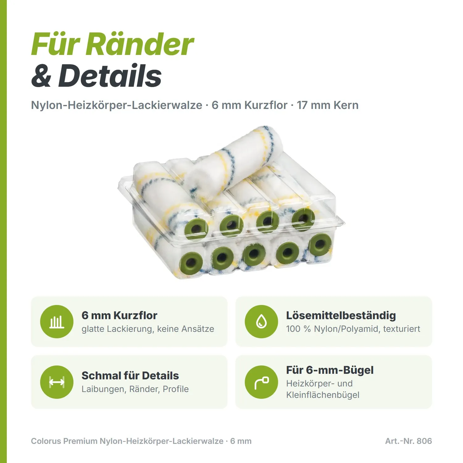 Colorus Premium Nylon Heizkörperroller (10 cm) – Für Versiegelung & Lack (6 mm Flor)