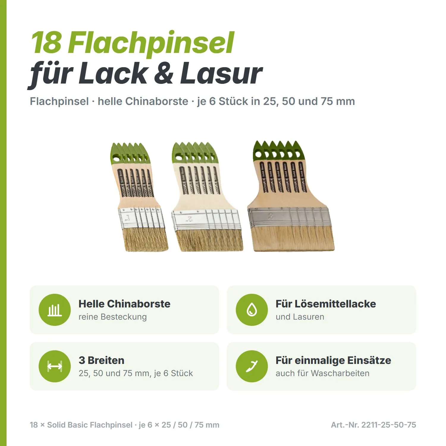 18 x  Solid Basic Flachpinsel je 6 Stück 25mm 50mm 75mm