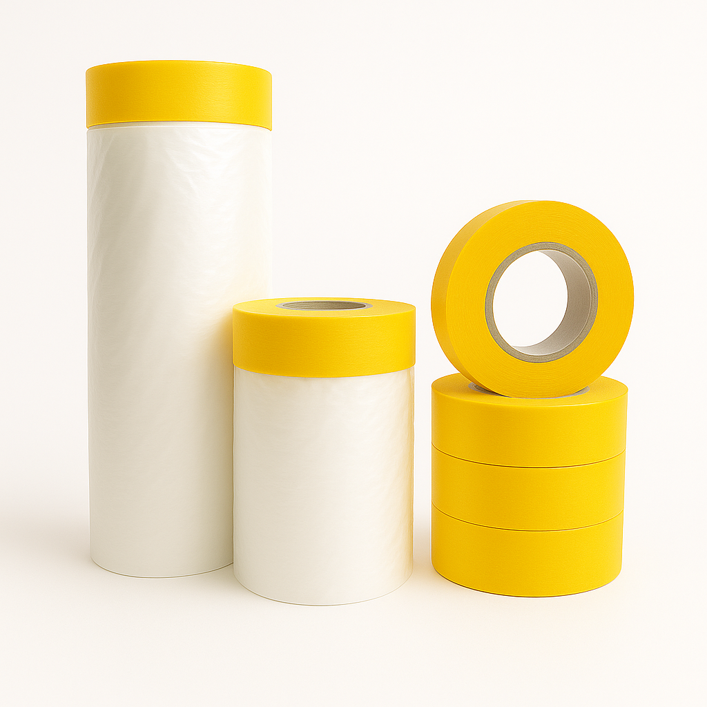 Mamba Abklebeband-Set 6-teilig | 2x Abdeckfolie (270 cm × 16 m & 55 cm × 25 m) | 4x Goldband 25 mm × 25 m