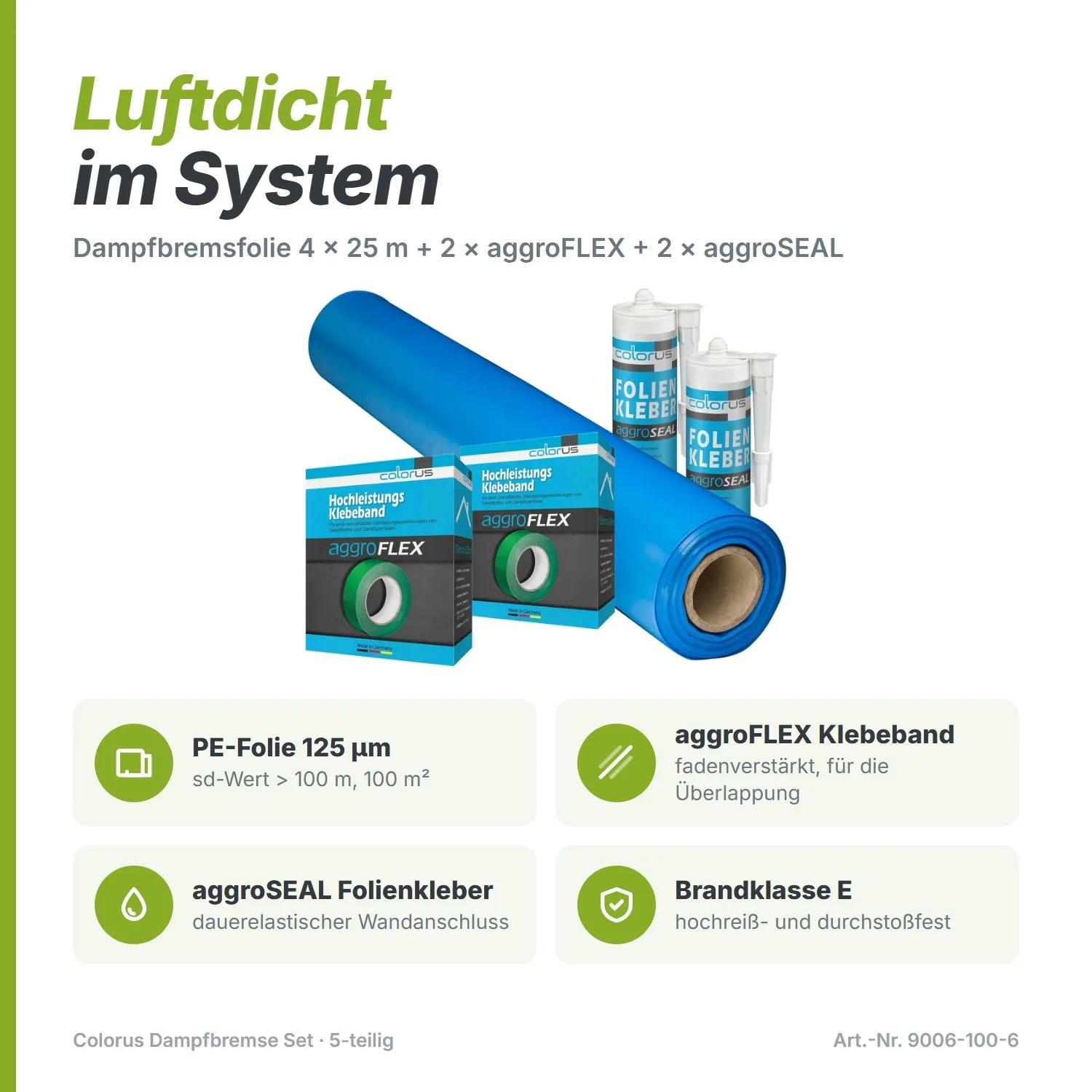 Colorus Dampfbremse Set Dampfsperrfolie 4 x 25m inkl. 2x Aggro Flex Tape und 2x Folienkleber für 100m² | Dampfbremsfolie Dampfsperre mit Klebeband für Dampfsperre und Dampfsperre Kleber Dachfolie